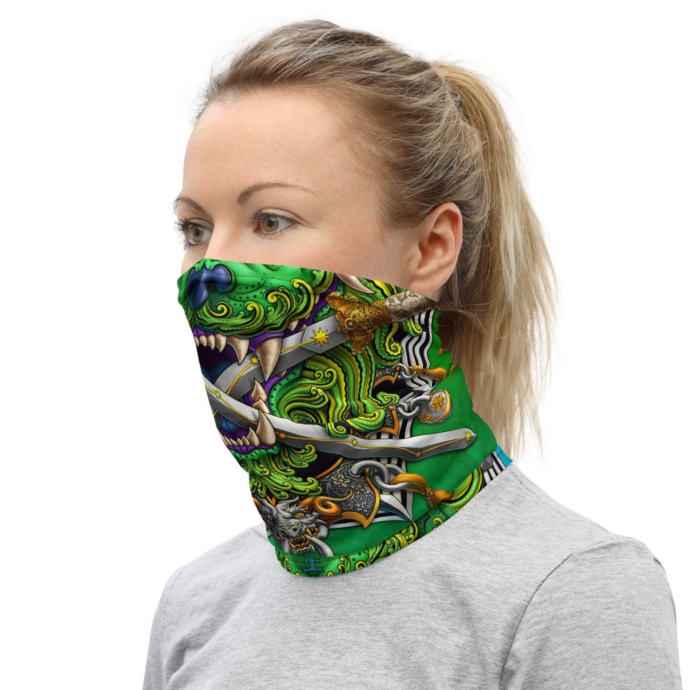Asian Lion Neck Gaiter, Face Mask, Head Covering, Chinese Art, Taiwan Sword Lion, Anime and Gamer Gift - Green - Abysm Internal
