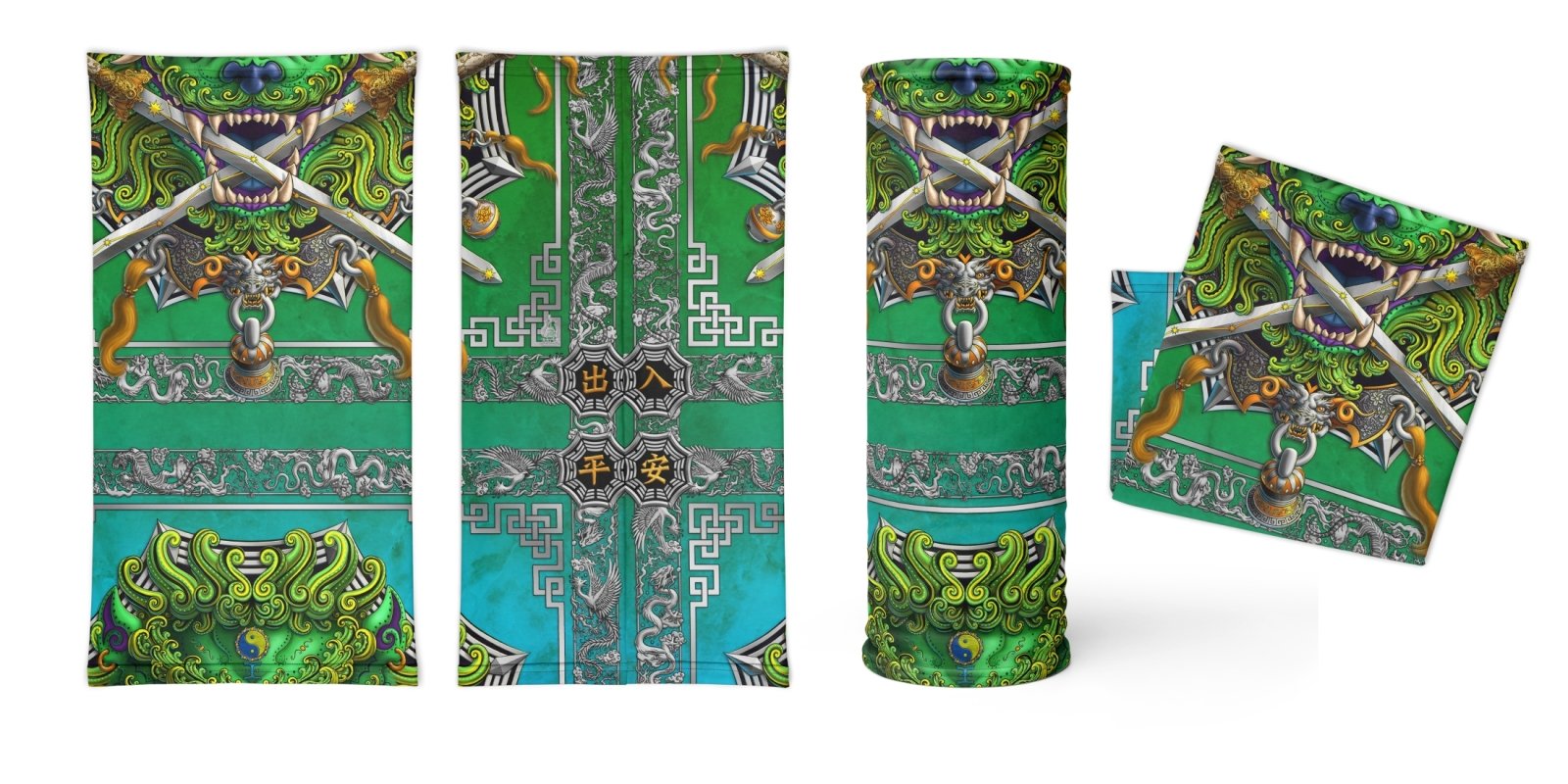 Asian Lion Neck Gaiter, Face Mask, Head Covering, Chinese Art, Taiwan Sword Lion, Anime and Gamer Gift - Green - Abysm Internal