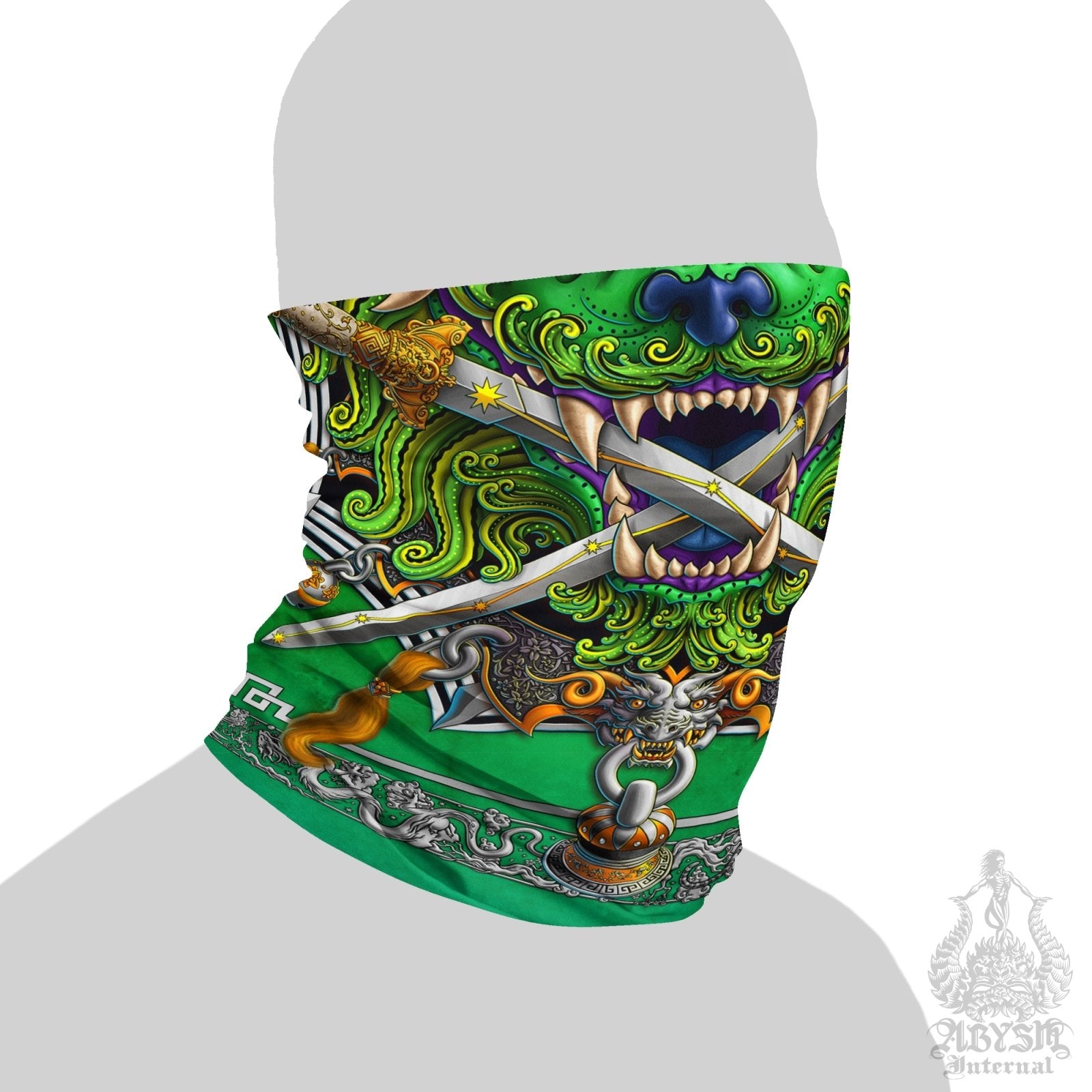 Asian Lion Neck Gaiter, Face Mask, Head Covering, Chinese Art, Taiwan Sword Lion, Anime and Gamer Gift - Green - Abysm Internal