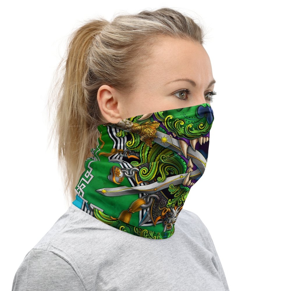 Asian Lion Neck Gaiter, Face Mask, Head Covering, Chinese Art, Taiwan Sword Lion, Anime and Gamer Gift - Green - Abysm Internal