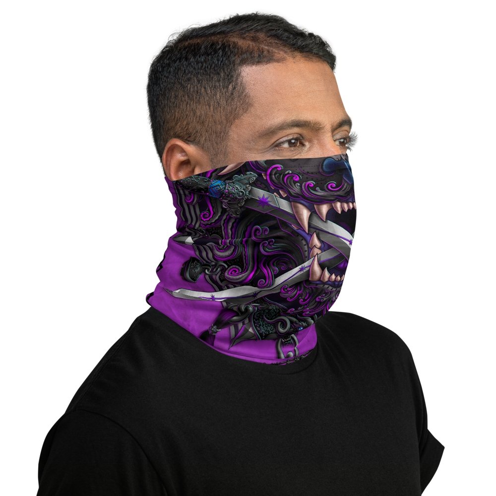 Asian Lion Neck Gaiter, Face Mask, Head Covering, Chinese Art, Taiwan Sword Lion, Anime and Gamer Gift - Pastel Goth - Abysm Internal