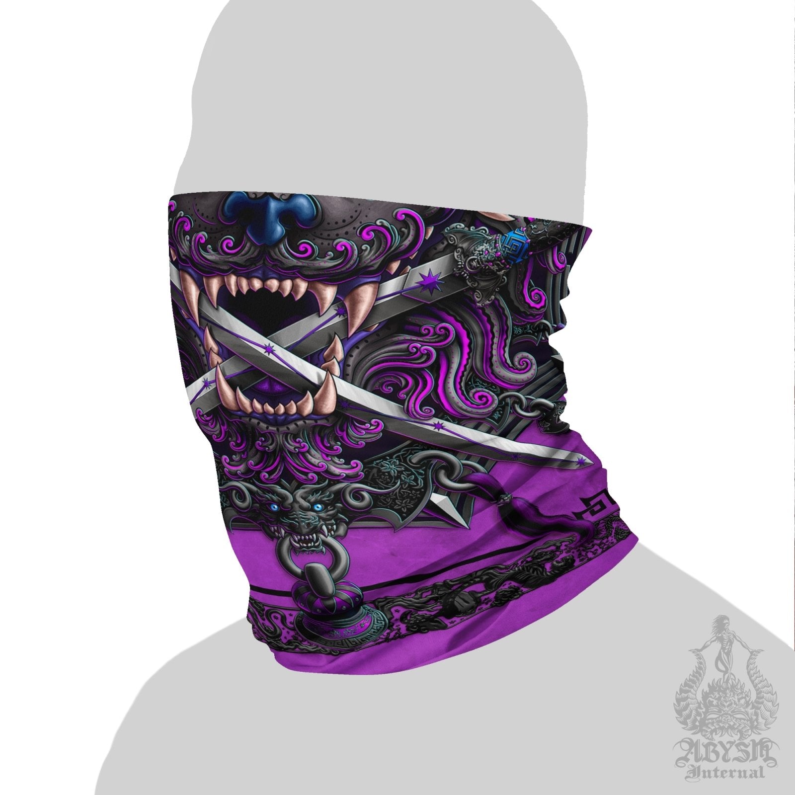 Asian Lion Neck Gaiter, Face Mask, Head Covering, Chinese Art, Taiwan Sword Lion, Anime and Gamer Gift - Pastel Goth - Abysm Internal