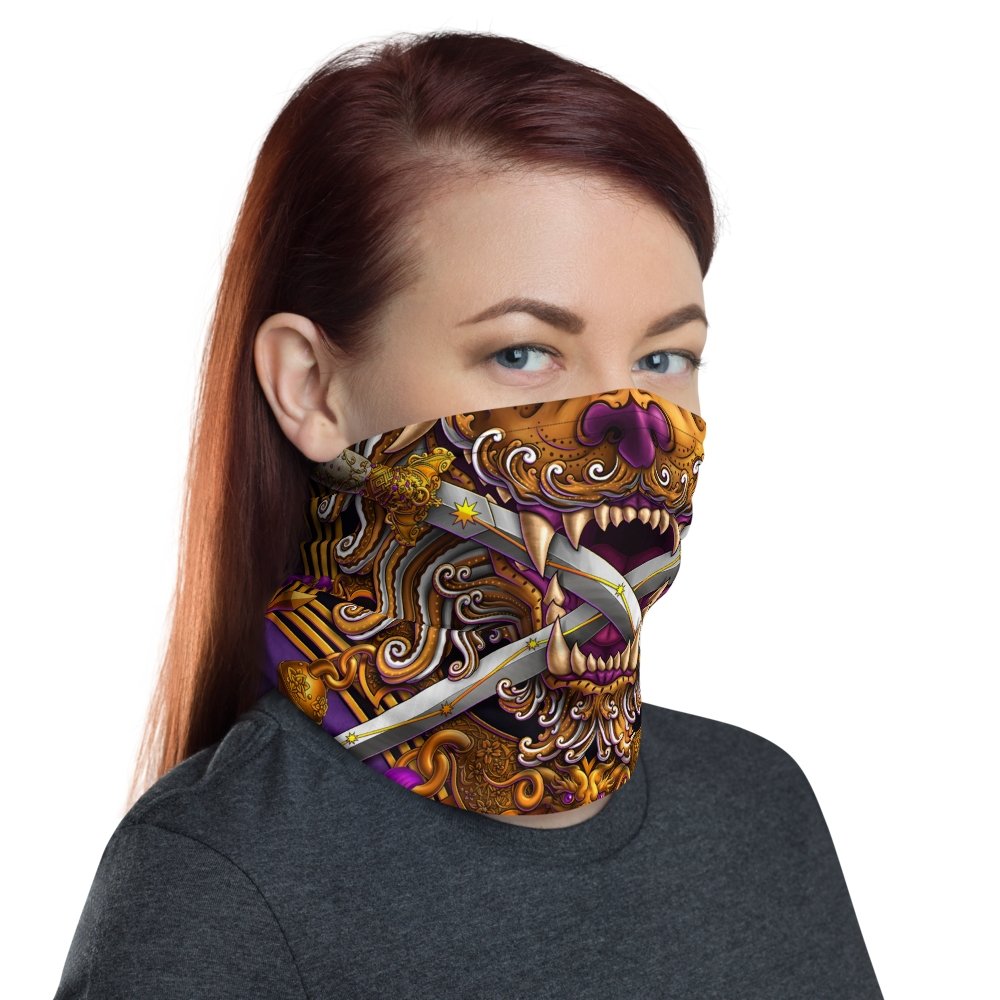 Asian Lion Neck Gaiter, Face Mask, Head Covering, Chinese Art, Taiwan Sword Lion, Anime and Gamer Gift - Purple White - Abysm Internal