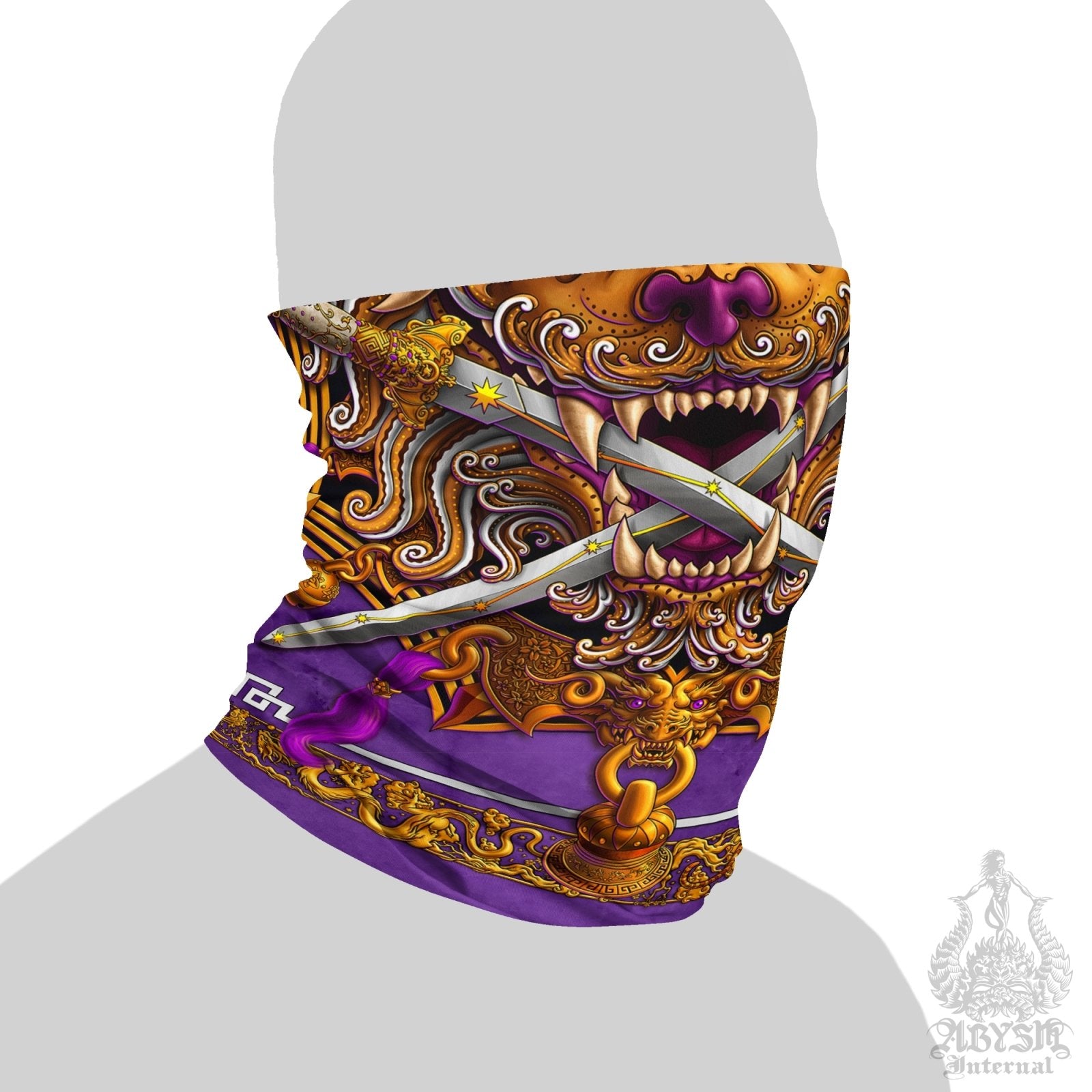 Asian Lion Neck Gaiter, Face Mask, Head Covering, Chinese Art, Taiwan Sword Lion, Anime and Gamer Gift - Purple White - Abysm Internal