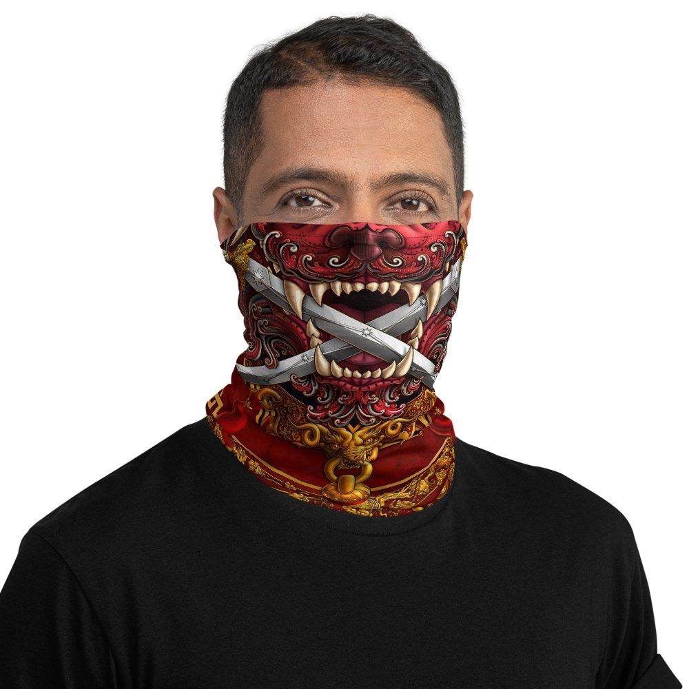 Asian Lion Neck Gaiter, Face Mask, Head Covering, Chinese Art, Taiwan Sword Lion, Anime and Gamer Gift - Red - Abysm Internal