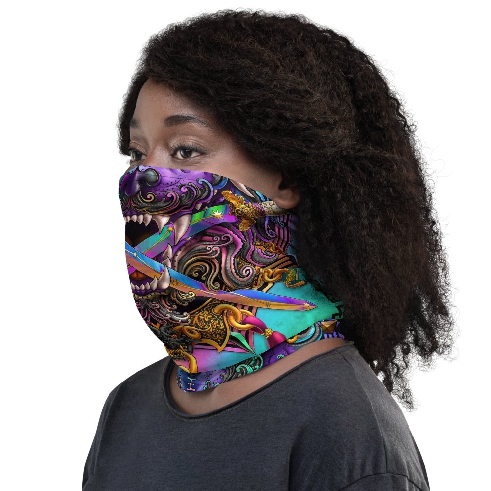 Asian Lion Neck Gaiter, Face Mask, Head Covering, Rave Outfit, Chinese Art, Taiwan Sword Lion, Rave, Anime and Gamer Gift - Pastel Punk Black - Abysm Internal