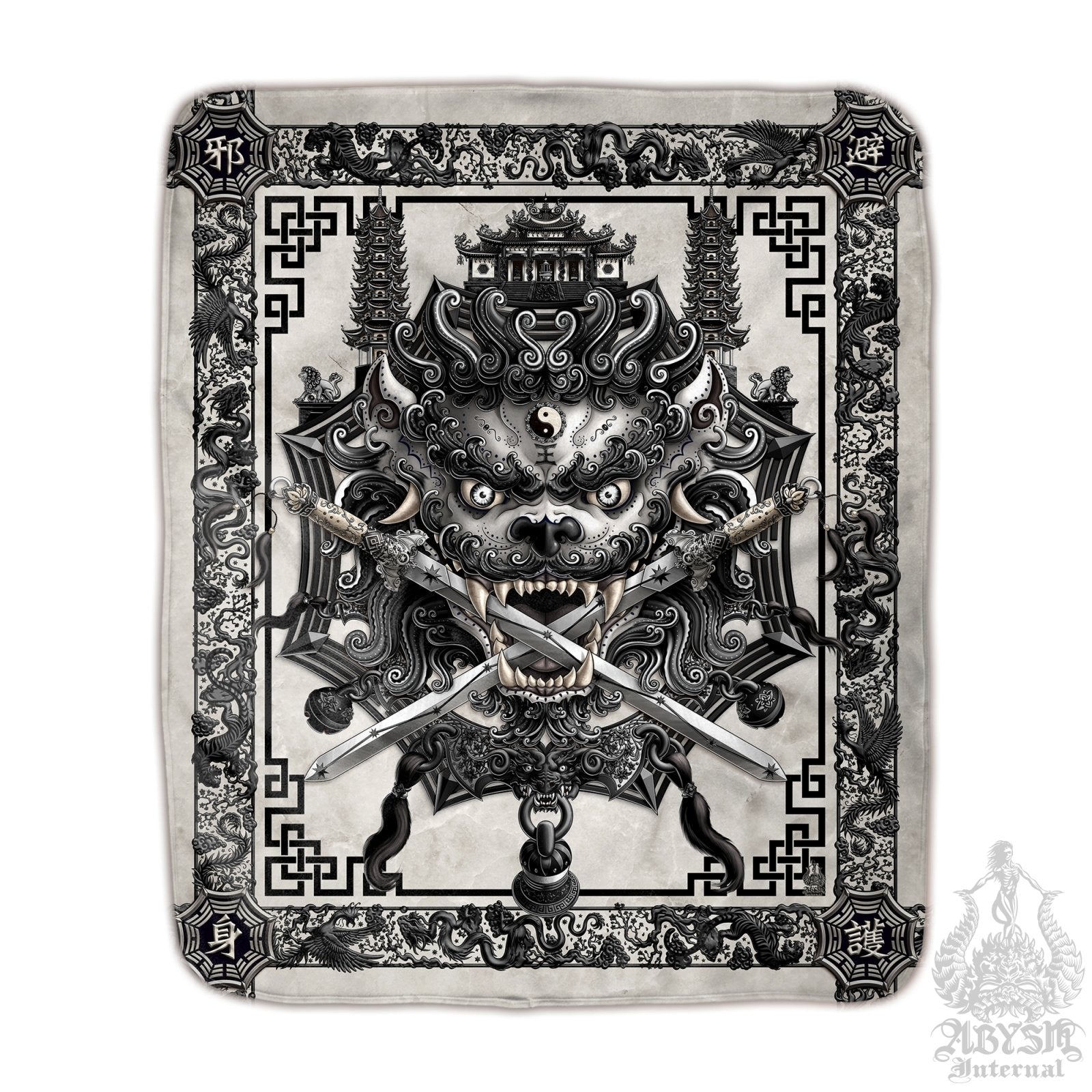 Asian Lion Throw Fleece Blanket, Taiwan Sword Lion, Chinese Art, Gamer Room Decor, Alternative Art Gift - Black & White Goth - Abysm Internal