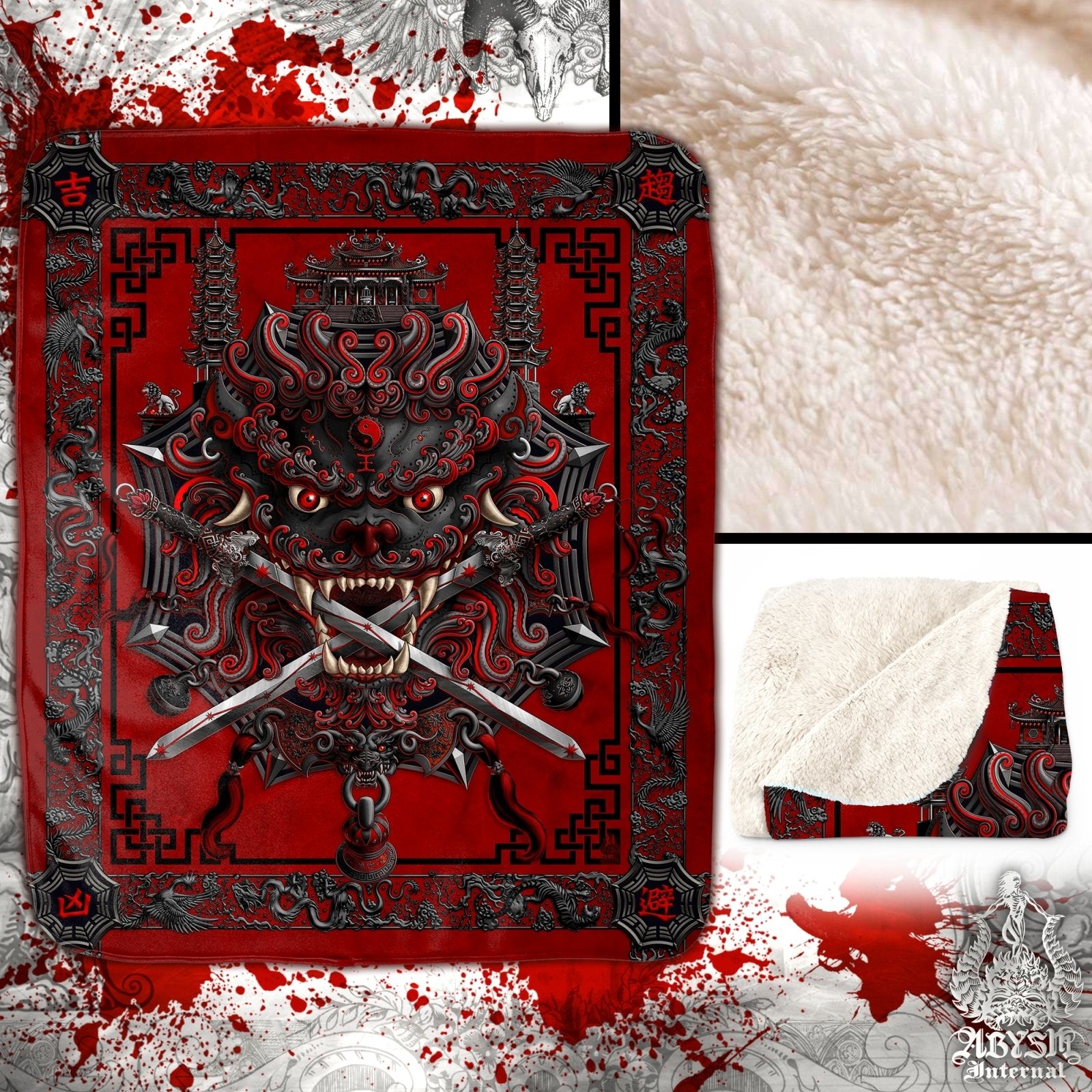 Asian Lion Throw Fleece Blanket, Taiwan Sword Lion, Chinese Art, Gamer Room Decor, Alternative Art Gift - Bloody Gothic - Abysm Internal