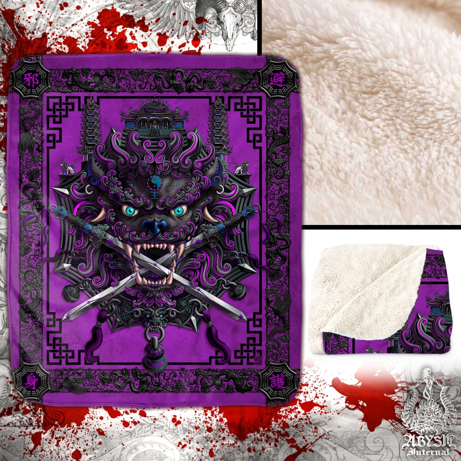 Asian Lion Throw Fleece Blanket, Taiwan Sword Lion, Chinese Art, Gamer Room Decor, Alternative Art Gift - Pastel Goth - Abysm Internal