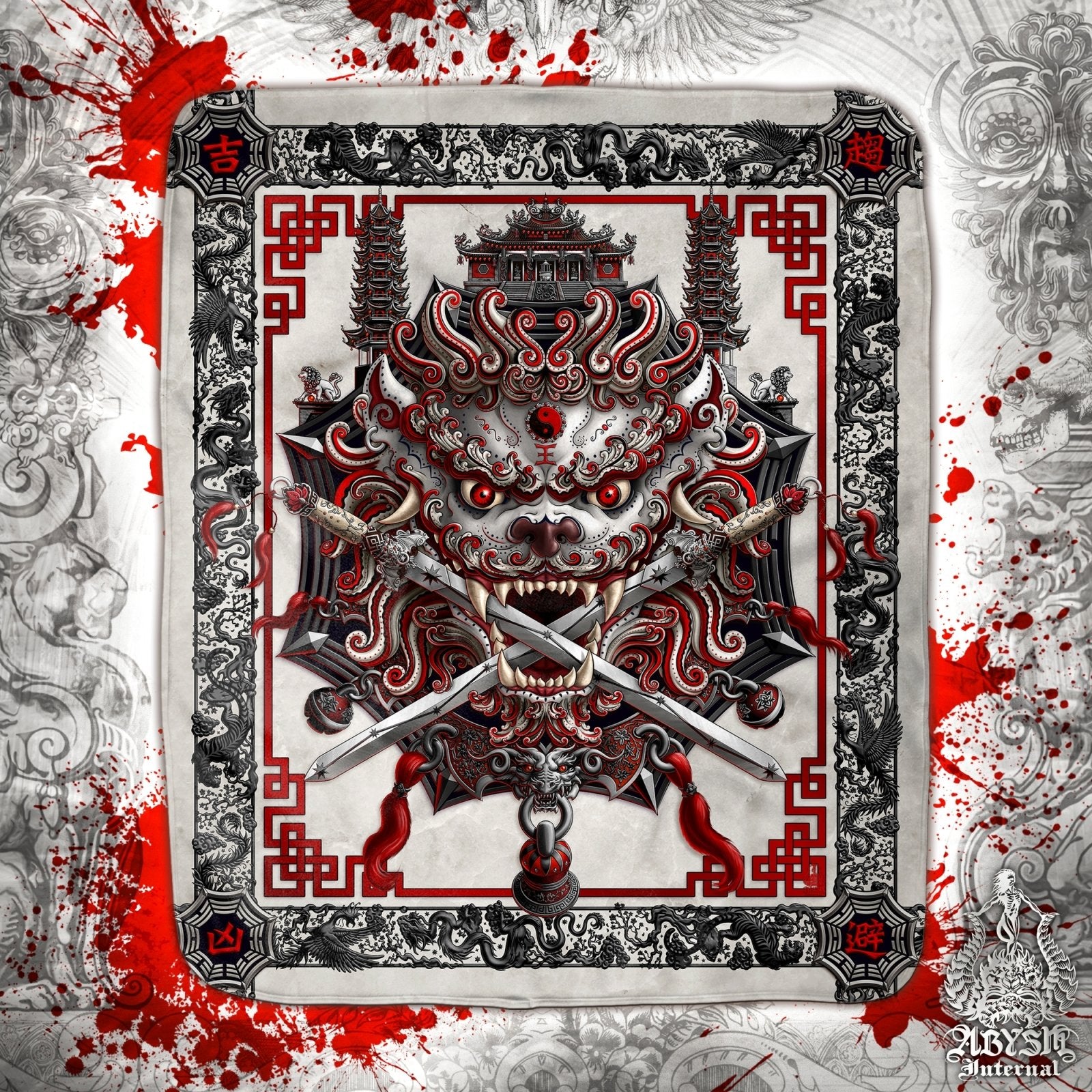 Asian Lion Throw Fleece Blanket, Taiwan Sword Lion, Chinese Art, Gamer Room Decor - Bloody White Goth - Abysm Internal