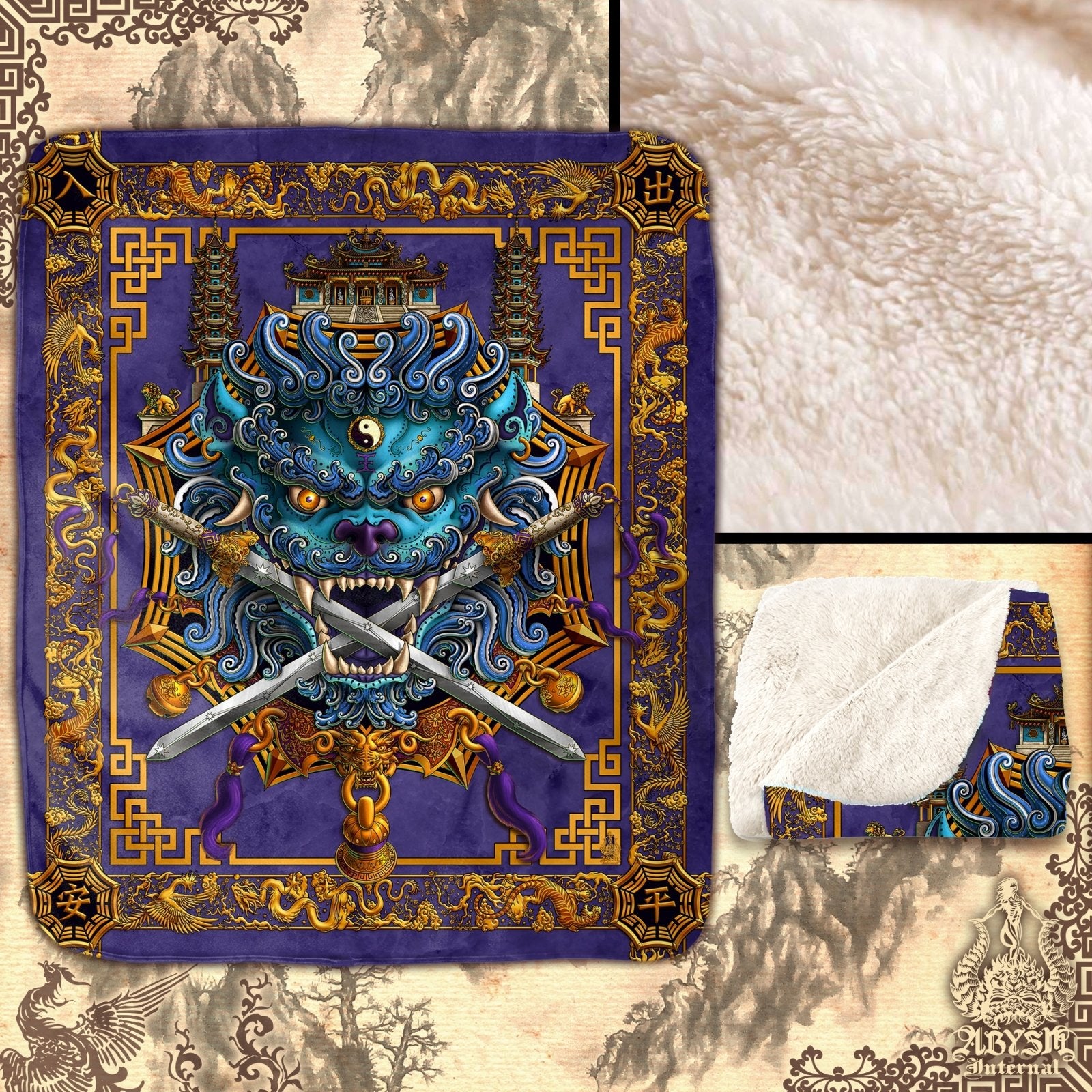 Asian Lion Throw Fleece Blanket, Taiwan Sword Lion, Chinese Art, Gamer Room Decor, Eclectic and Funky Gift - Cyan & Purple - Abysm Internal