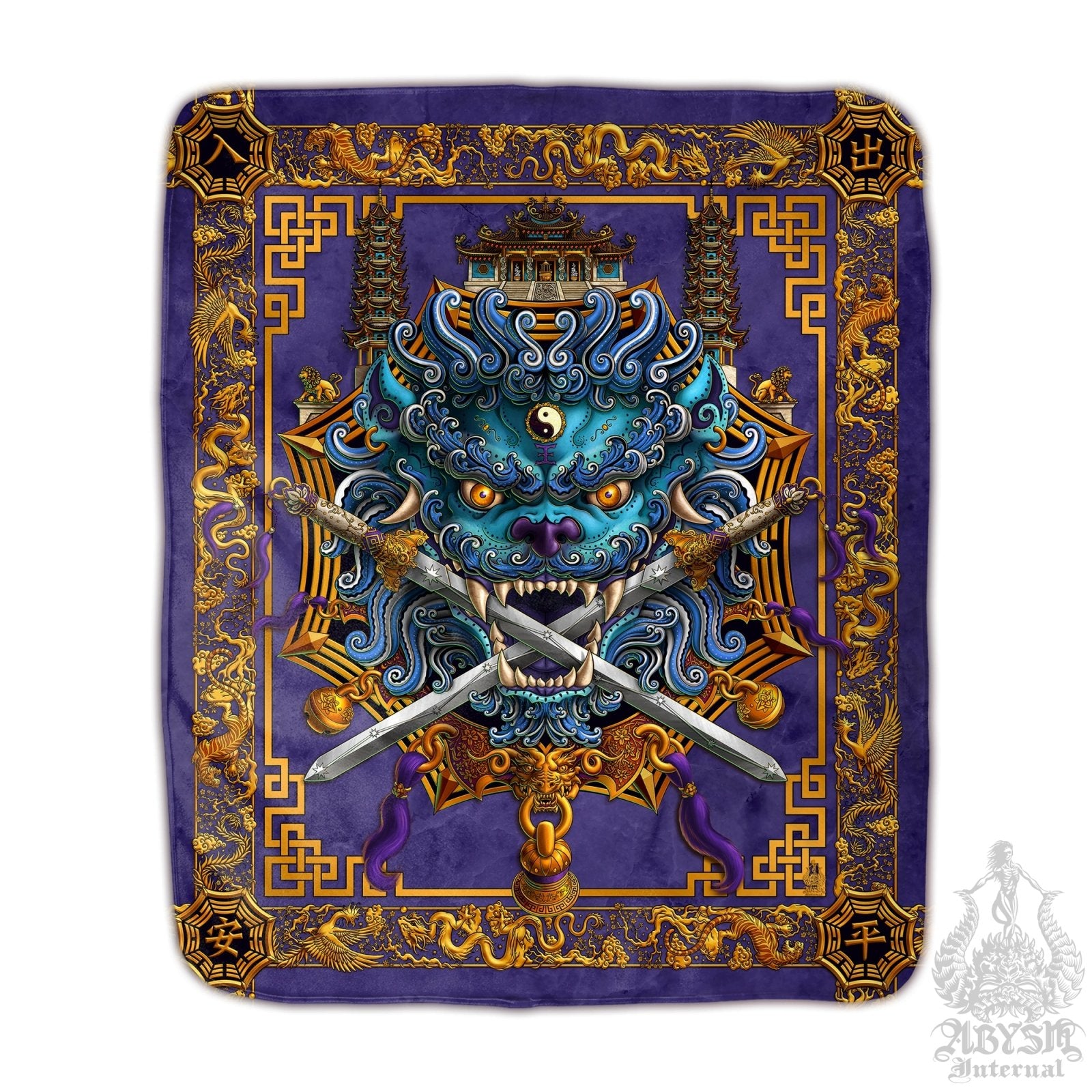 Asian Lion Throw Fleece Blanket, Taiwan Sword Lion, Chinese Art, Gamer Room Decor, Eclectic and Funky Gift - Cyan & Purple - Abysm Internal