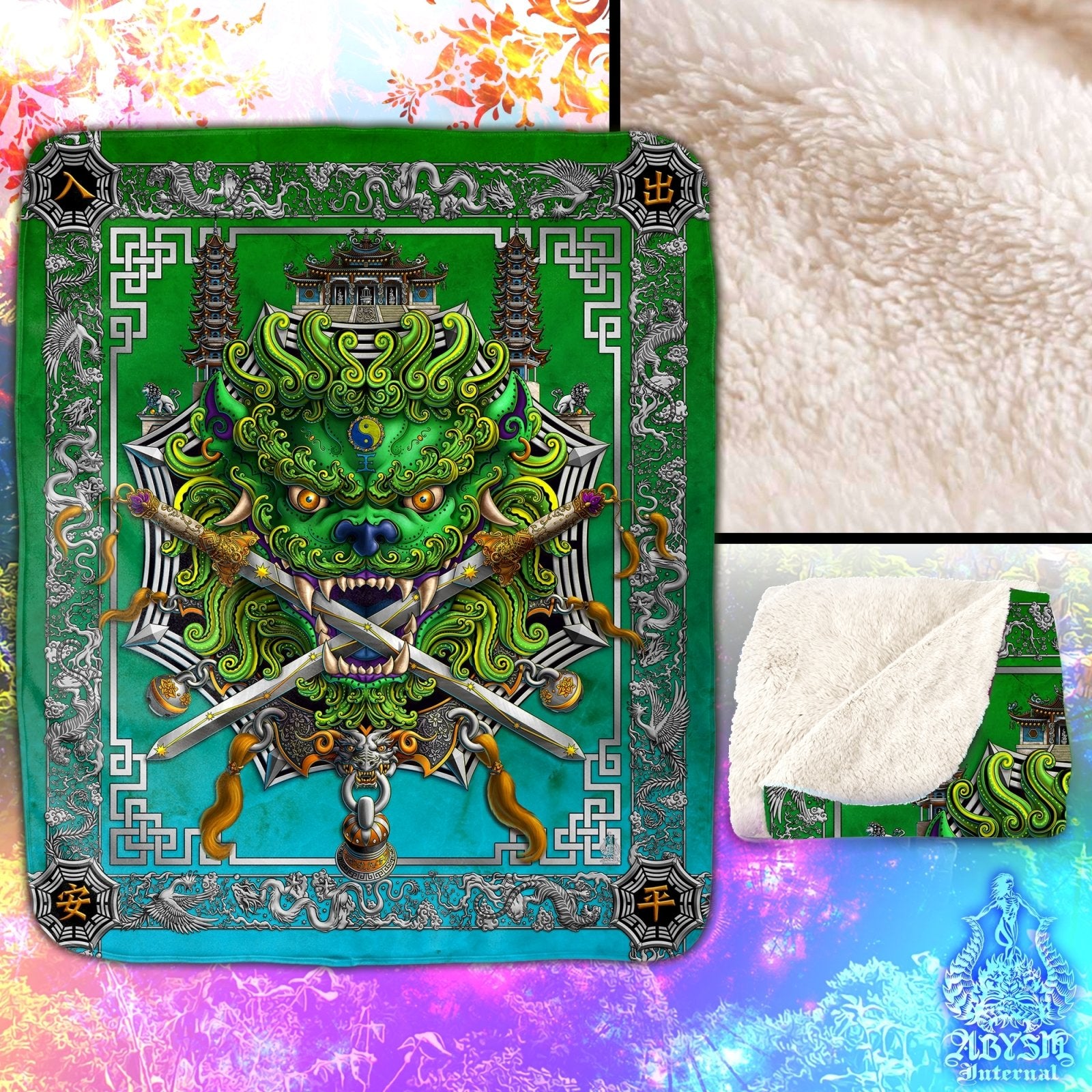 Asian Lion Throw Fleece Blanket, Taiwan Sword Lion, Chinese Art, Gamer Room Decor, Eclectic and Funky Gift - Green - Abysm Internal