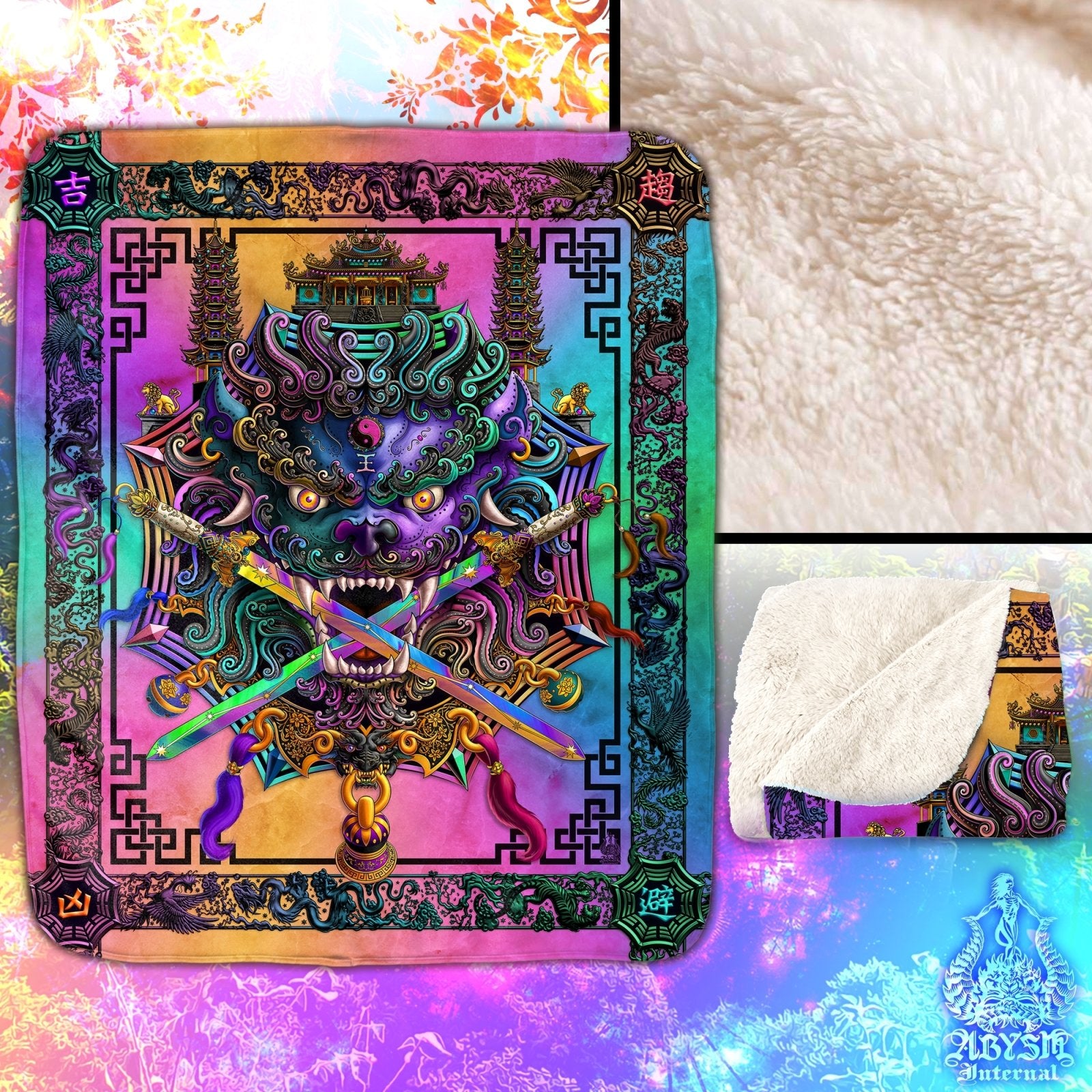 Asian Lion Throw Fleece Blanket, Taiwan Sword Lion, Chinese Art, Gamer Room Decor, Eclectic and Funky Gift - Pastel Punk Black - Abysm Internal