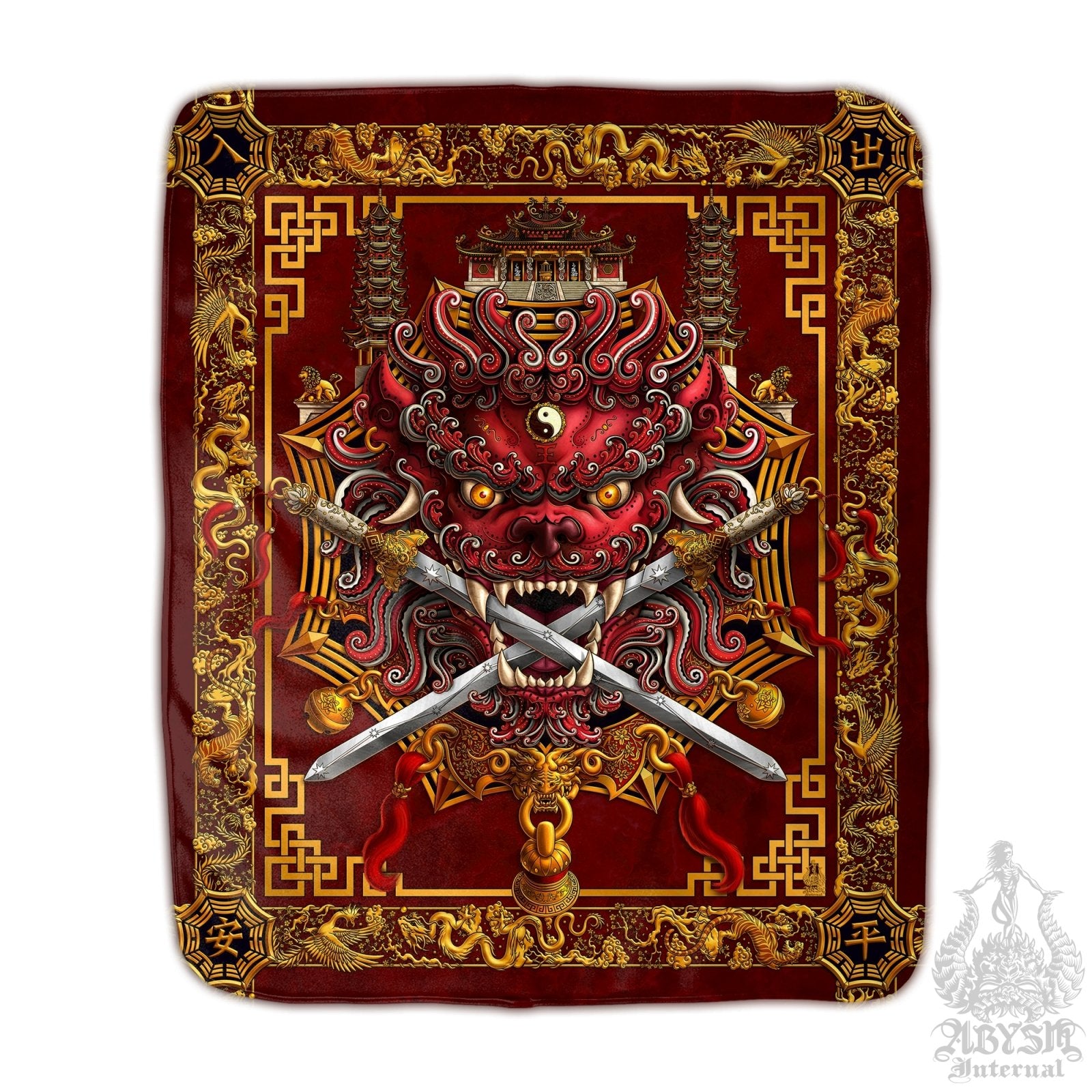 Asian Lion Throw Fleece Blanket, Taiwan Sword Lion, Chinese Art, Gamer Room Decor, Eclectic and Funky Gift - Red - Abysm Internal