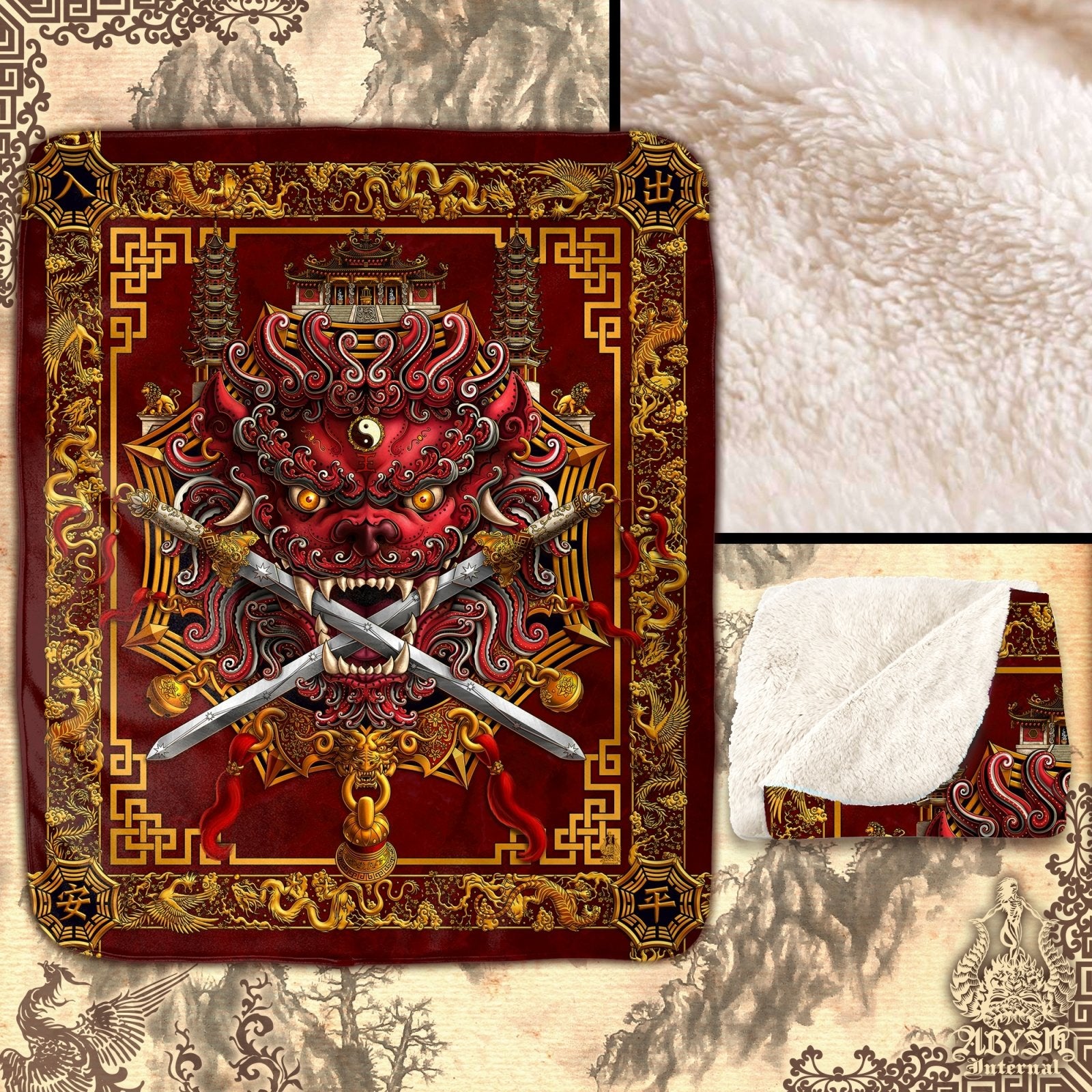 Asian Lion Throw Fleece Blanket, Taiwan Sword Lion, Chinese Art, Gamer Room Decor, Eclectic and Funky Gift - Red - Abysm Internal