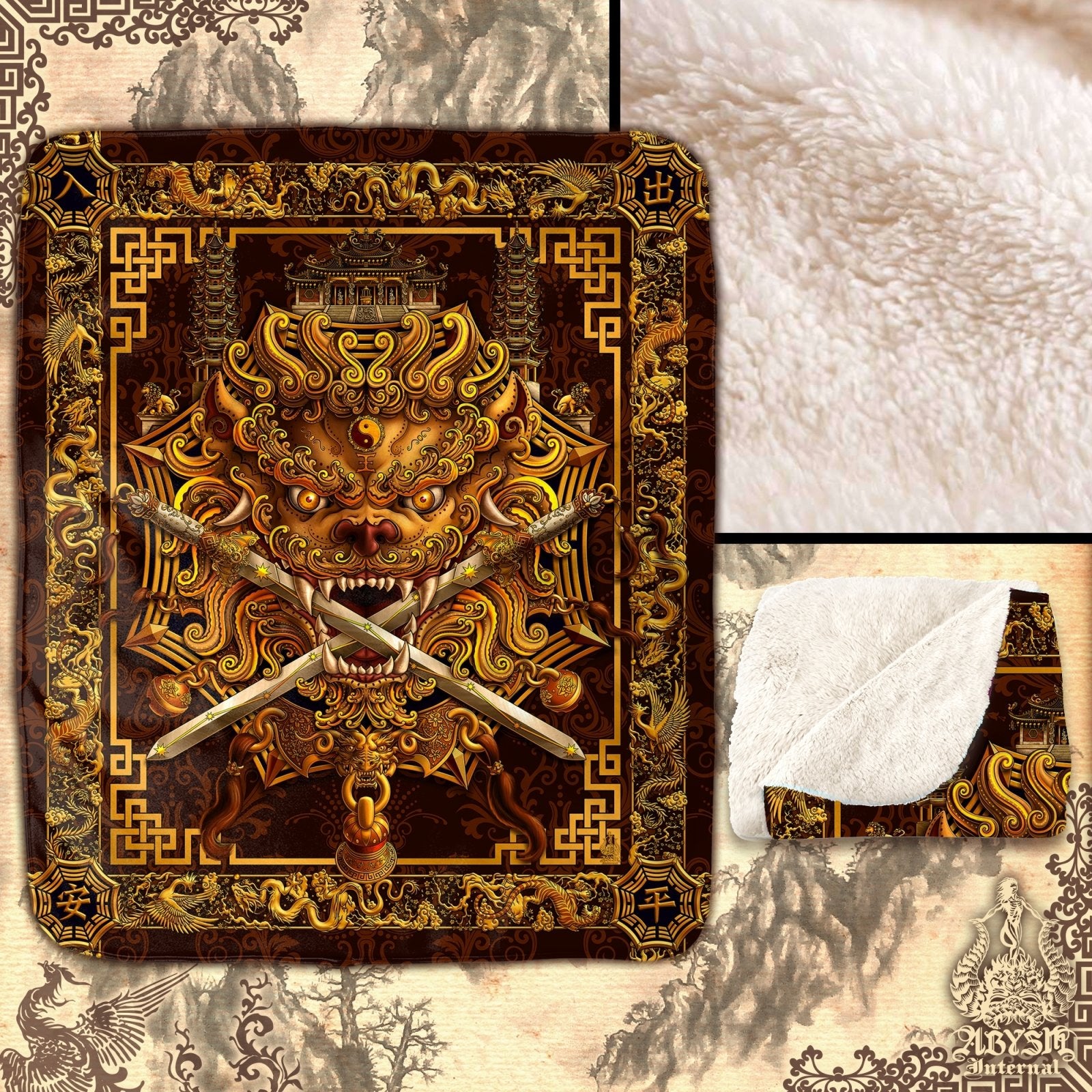 Asian Lion Throw Fleece Blanket, Taiwan Sword Lion, Chinese Art, Gamer Room Decor - Gold - Abysm Internal