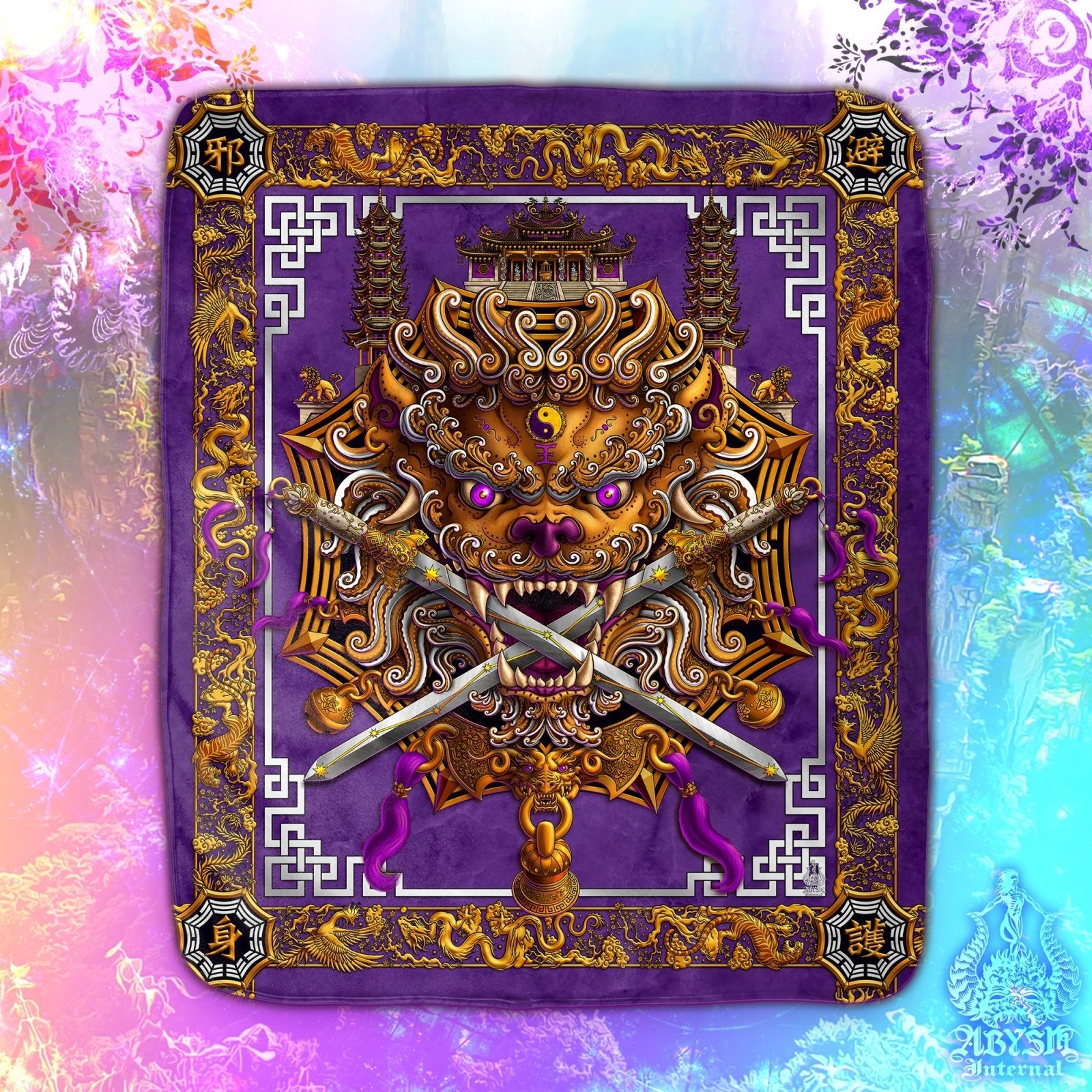 Asian Lion Throw Fleece Blanket, Taiwan Sword Lion, Chinese Art, Gamer Room Decor - Purple & White - Abysm Internal
