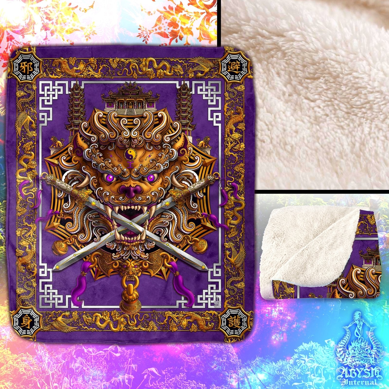 Asian Lion Throw Fleece Blanket, Taiwan Sword Lion, Chinese Art, Gamer Room Decor - Purple & White - Abysm Internal