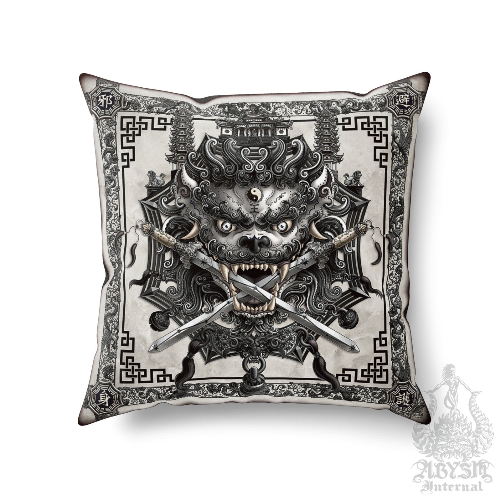 Asian Lion Throw Pillow, Decorative Accent Cushion, Taiwan Sword Lion, Chinese Art, Game Room Decor, Alternative Home - Black & White Goth - Abysm Internal