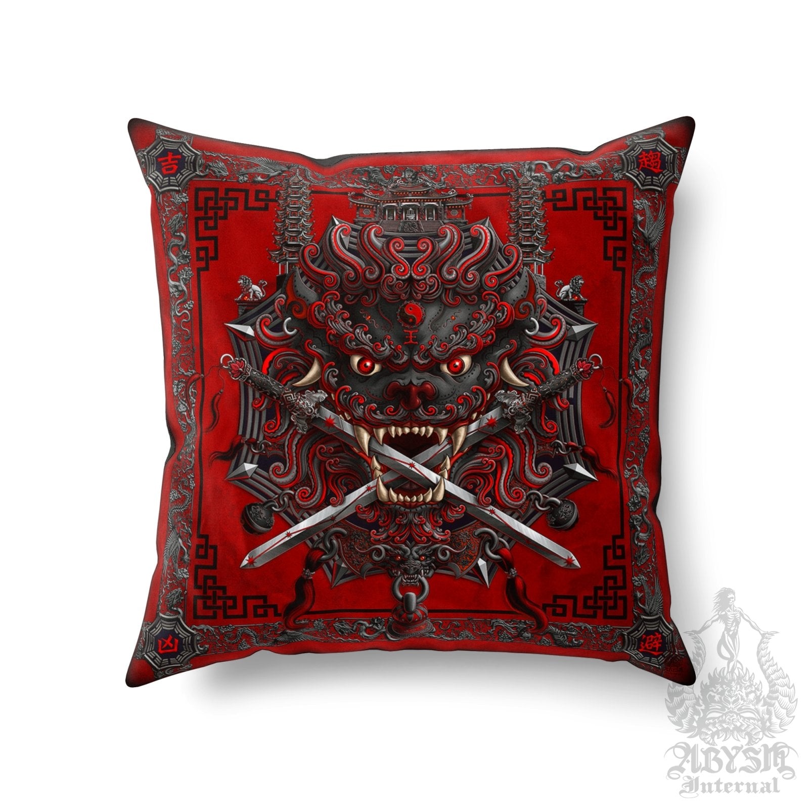 Asian Lion Throw Pillow, Decorative Accent Cushion, Taiwan Sword Lion, Chinese Art, Game Room Decor, Alternative Home - Bloody Gothic - Abysm Internal
