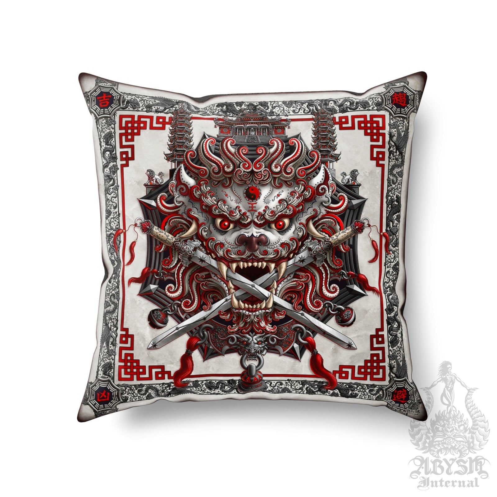 Asian Lion Throw Pillow, Decorative Accent Cushion, Taiwan Sword Lion, Chinese Art, Game Room Decor, Alternative Home - Bloody White Goth - Abysm Internal