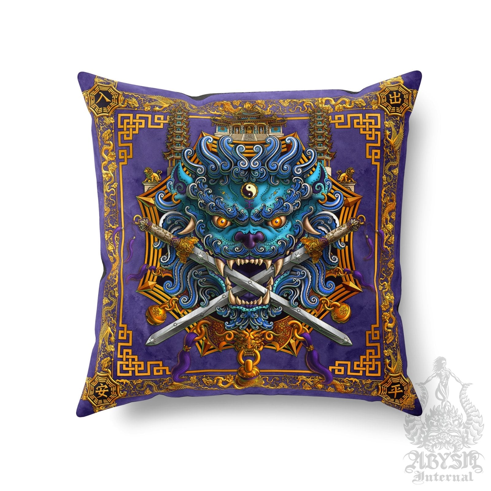 Asian Lion Throw Pillow, Decorative Accent Cushion, Taiwan Sword Lion, Chinese Art, Game Room Decor, Alternative Home, Funky and Eclectic - Blue & Purple - Abysm Internal