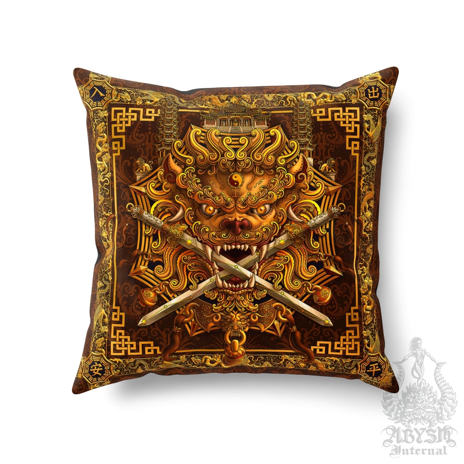 Asian Lion Throw Pillow, Decorative Accent Cushion, Taiwan Sword Lion, Chinese Art, Game Room Decor, Alternative Home, Funky and Eclectic - Gold - Abysm Internal