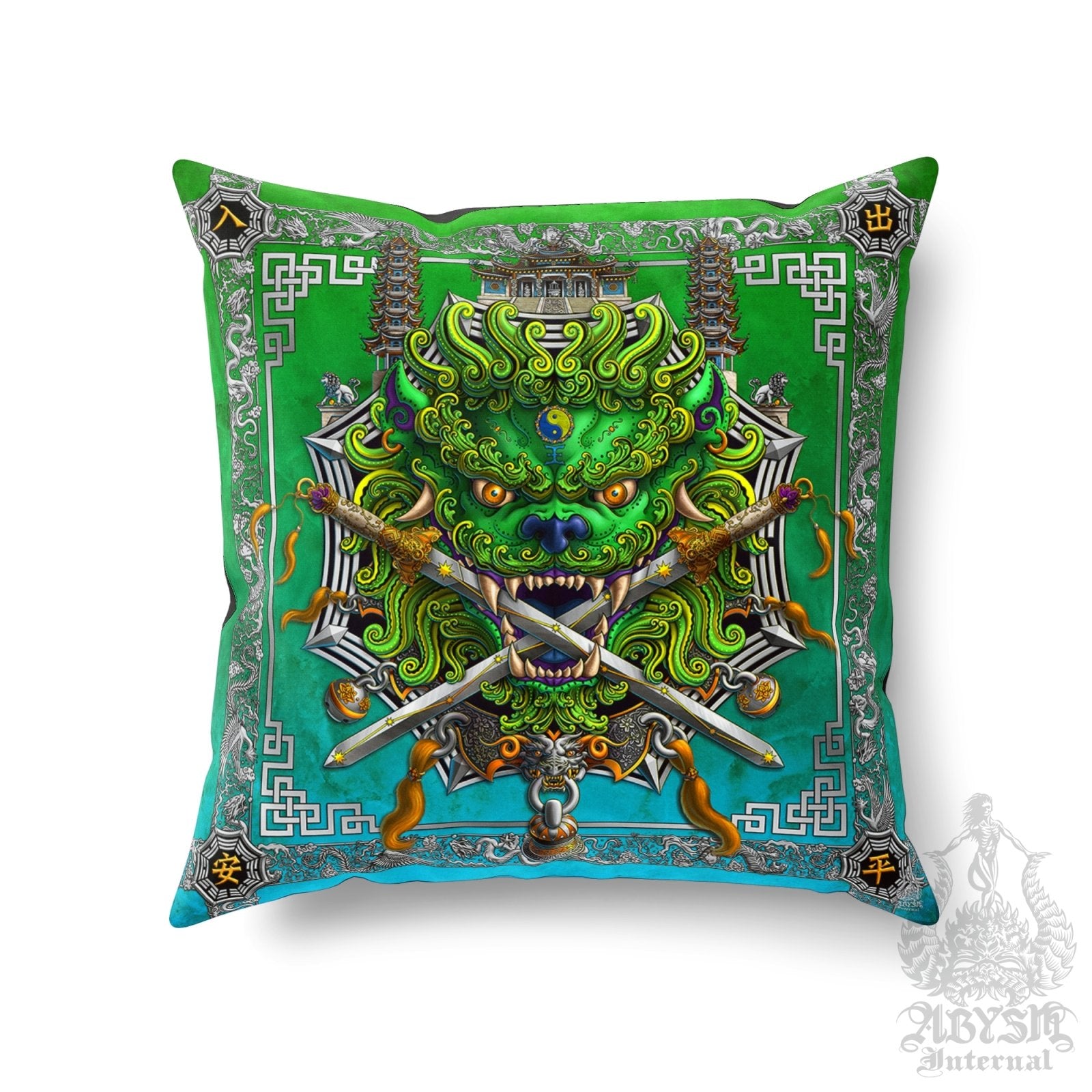 Asian Lion Throw Pillow, Decorative Accent Cushion, Taiwan Sword Lion, Chinese Art, Game Room Decor, Funky and Eclectic Home - Green - Abysm Internal