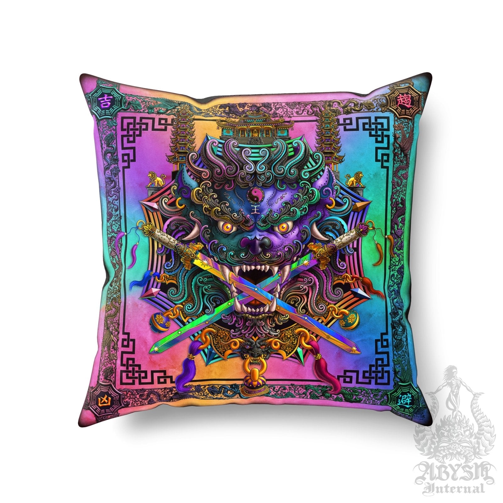Asian Lion Throw Pillow, Decorative Accent Cushion, Taiwan Sword Lion, Chinese Art, Game Room Decor, Funky and Eclectic Home - Holographic Pastel Punk Black - Abysm Internal