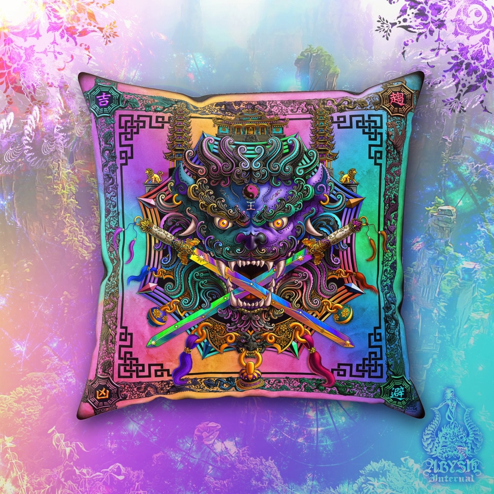 Asian Lion Throw Pillow, Decorative Accent Cushion, Taiwan Sword Lion, Chinese Art, Game Room Decor, Funky and Eclectic Home - Holographic Pastel Punk Black - Abysm Internal