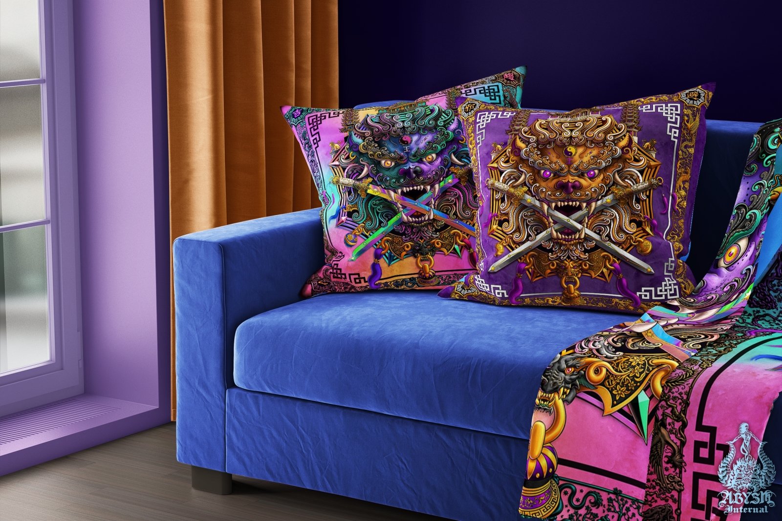 Asian Lion Throw Pillow, Decorative Accent Cushion, Taiwan Sword Lion, Chinese Art, Game Room Decor, Funky and Eclectic Home - Holographic Pastel Punk Black - Abysm Internal