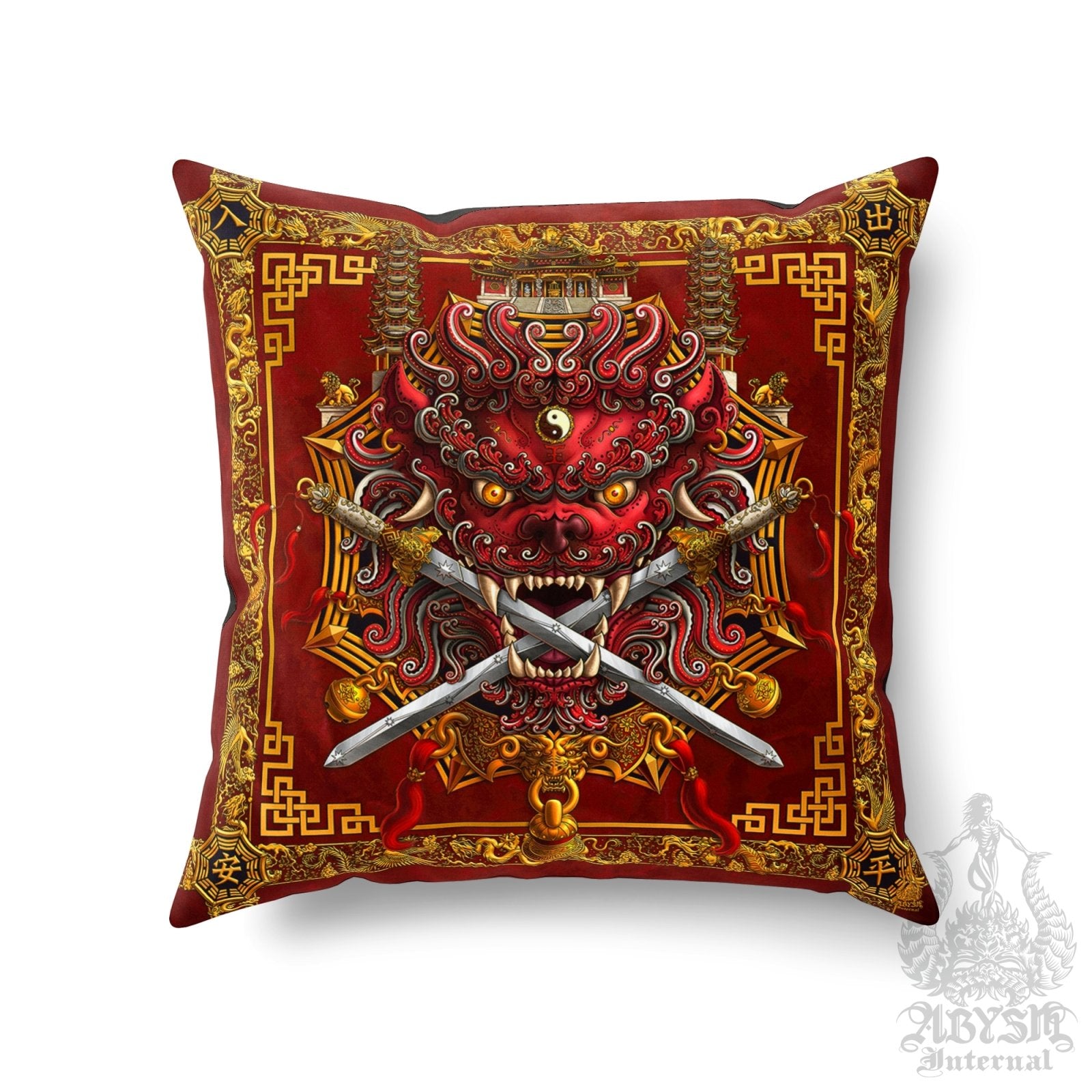 Asian Lion Throw Pillow, Decorative Accent Cushion, Taiwan Sword Lion, Chinese Art, Game Room Decor, Funky and Eclectic Home - Red - Abysm Internal