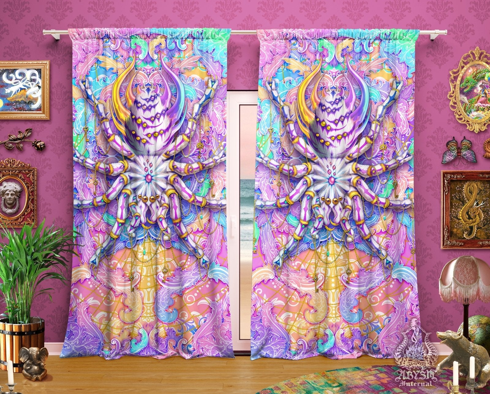 Asthetic Blackout Curtains, Long Window Panels, Psychedelic Art Print, Holographic Pastel Room Decor, Funky and Eclectic Home Decor - Tarantula Spider - Abysm Internal