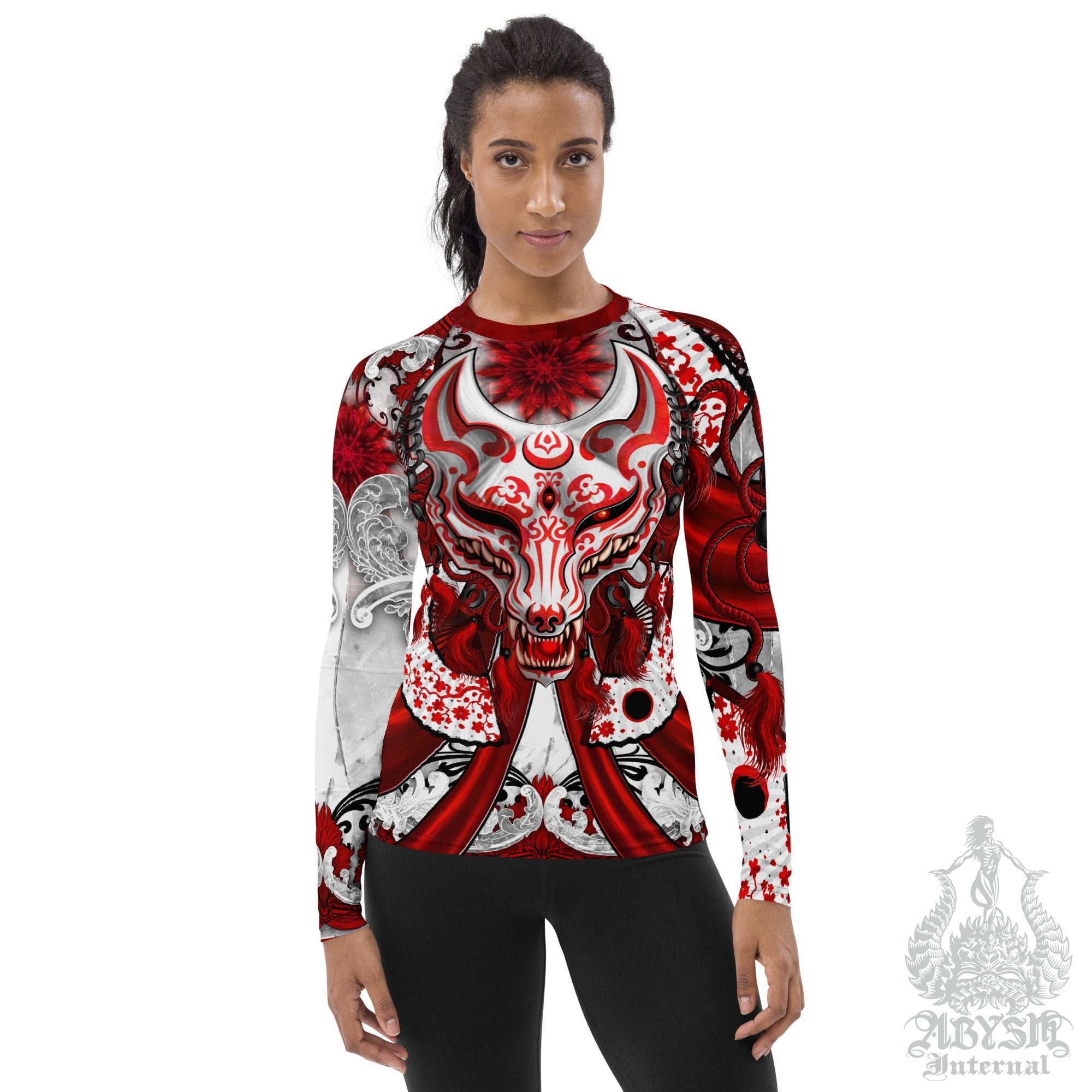 Awesome Women's Rash Guard, Long Sleeve spandex shirt for surfing, swimsuit top for water sports, Fantasy Art - Kitsune Bloody White Goth - Abysm Internal