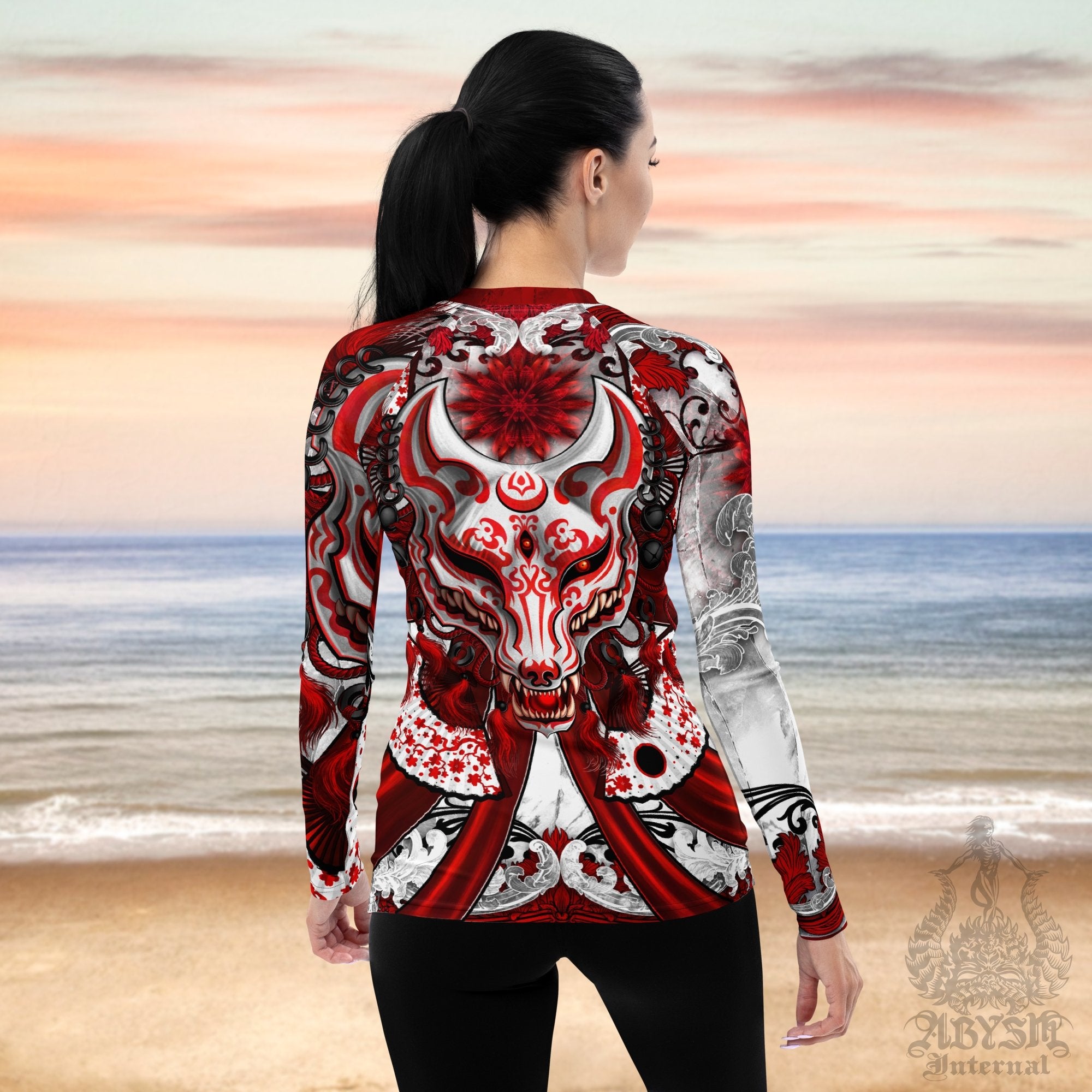 Awesome Women's Rash Guard, Long Sleeve spandex shirt for surfing, swimsuit top for water sports, Fantasy Art - Kitsune Bloody White Goth - Abysm Internal