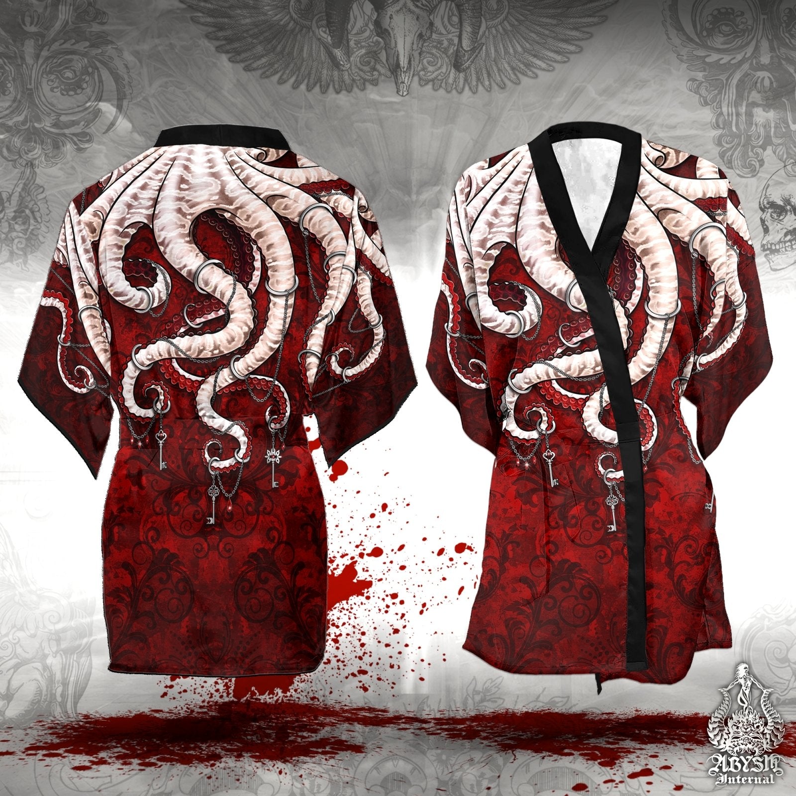Beach Cover Up, Beach Outfit, Octopus Party Kimono, Summer Festival Robe, Indie and Alternative Clothing, Unisex - Bloody White Goth I - Abysm Internal