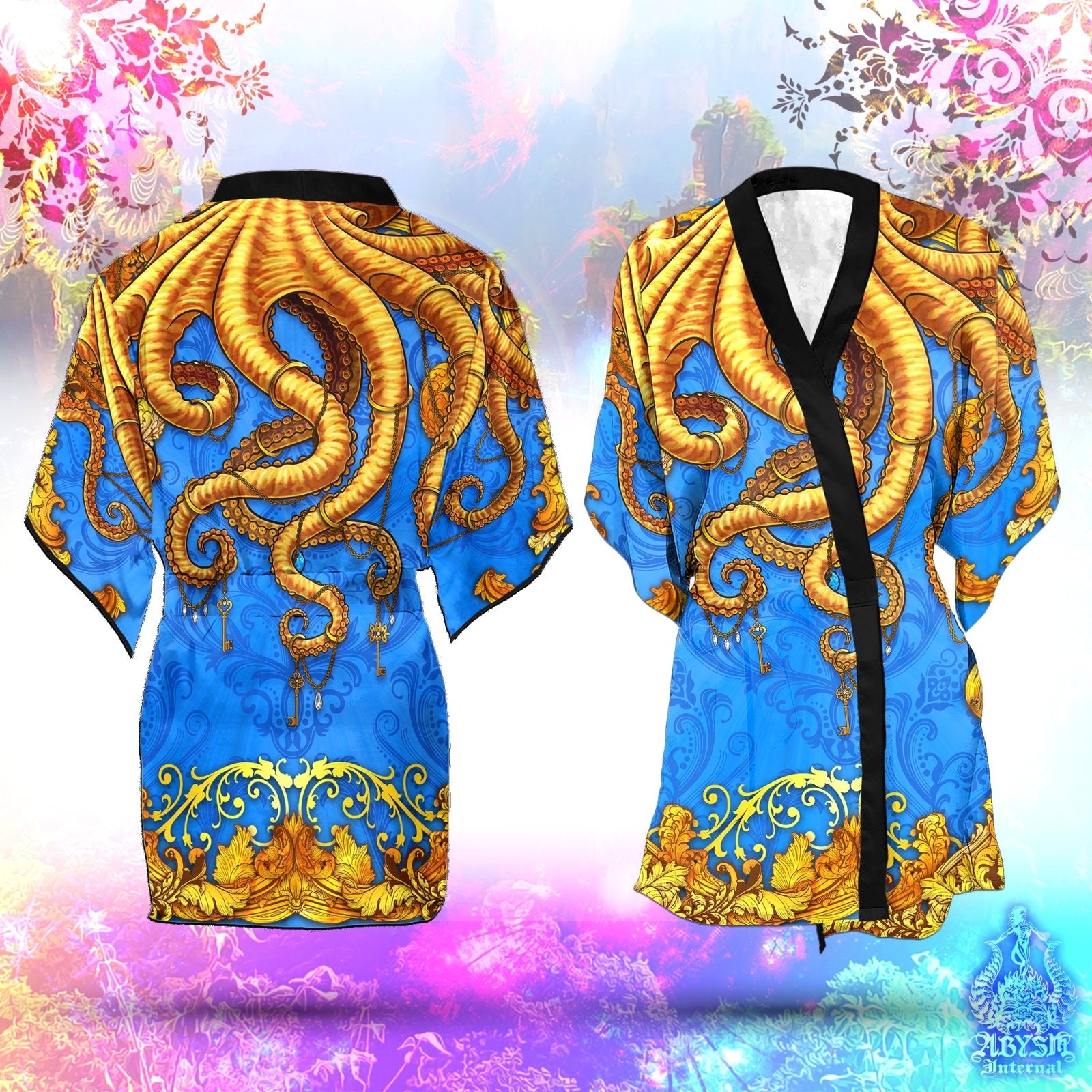Beach Cover Up, Beach Outfit, Octopus Party Kimono, Summer Festival Robe, Indie and Alternative Clothing, Unisex - Cyan Gold - Abysm Internal