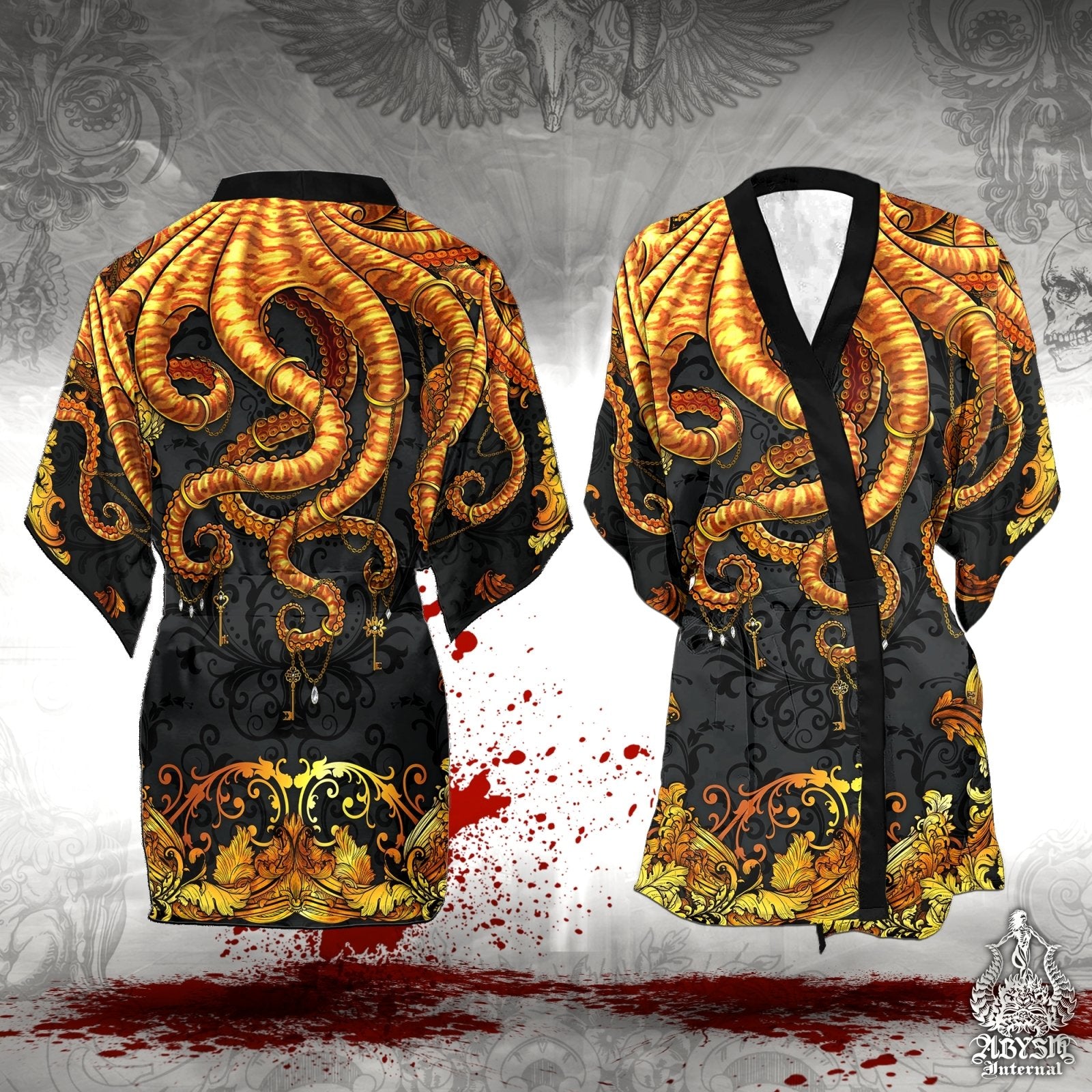 Beach Cover Up, Beach Outfit, Octopus Party Kimono, Summer Festival Robe, Indie and Alternative Clothing, Unisex - Gold Black - Abysm Internal