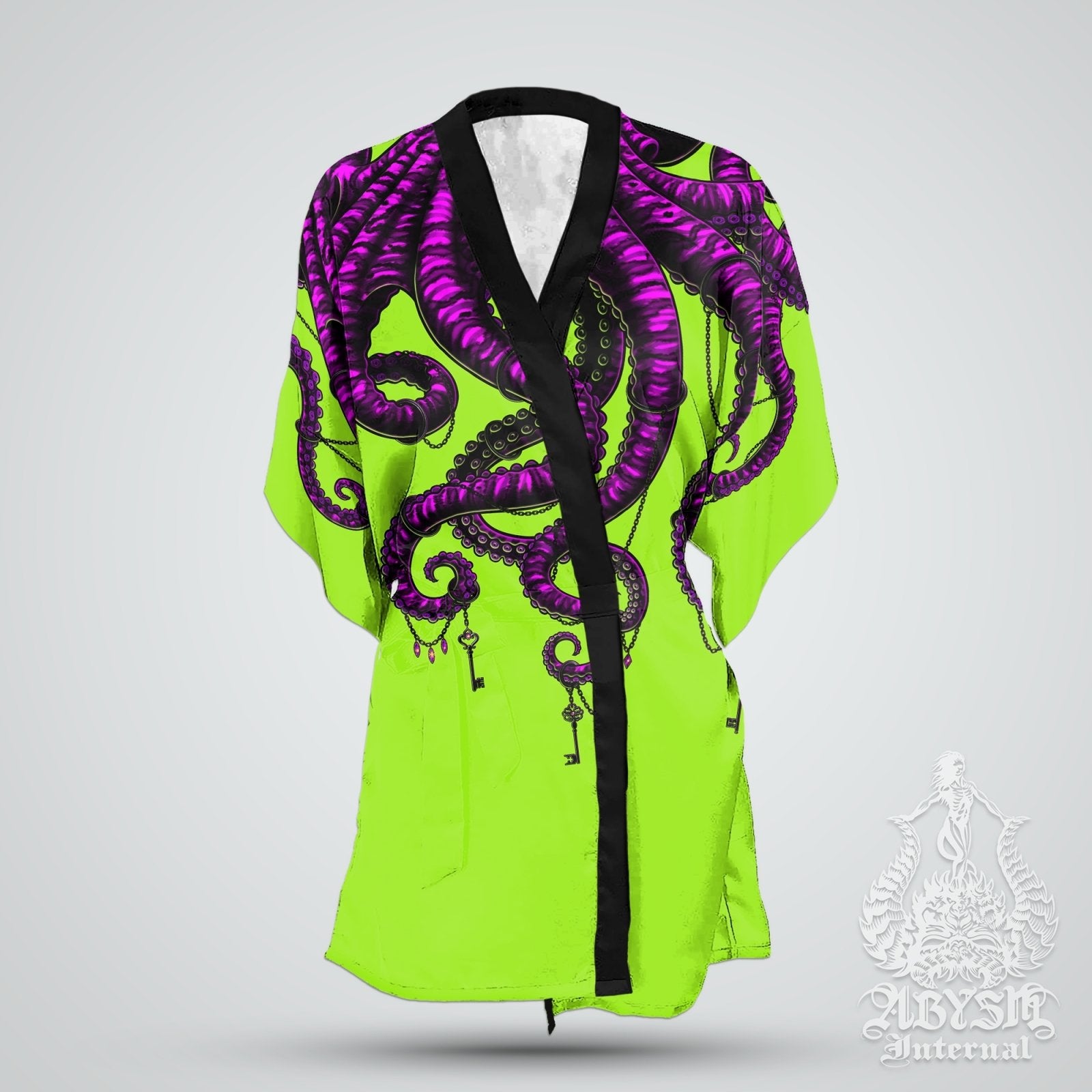 Beach Cover Up, Beach Outfit, Octopus Party Kimono, Summer Festival Robe, Indie and Alternative Clothing, Unisex - Neon Goth - Abysm Internal