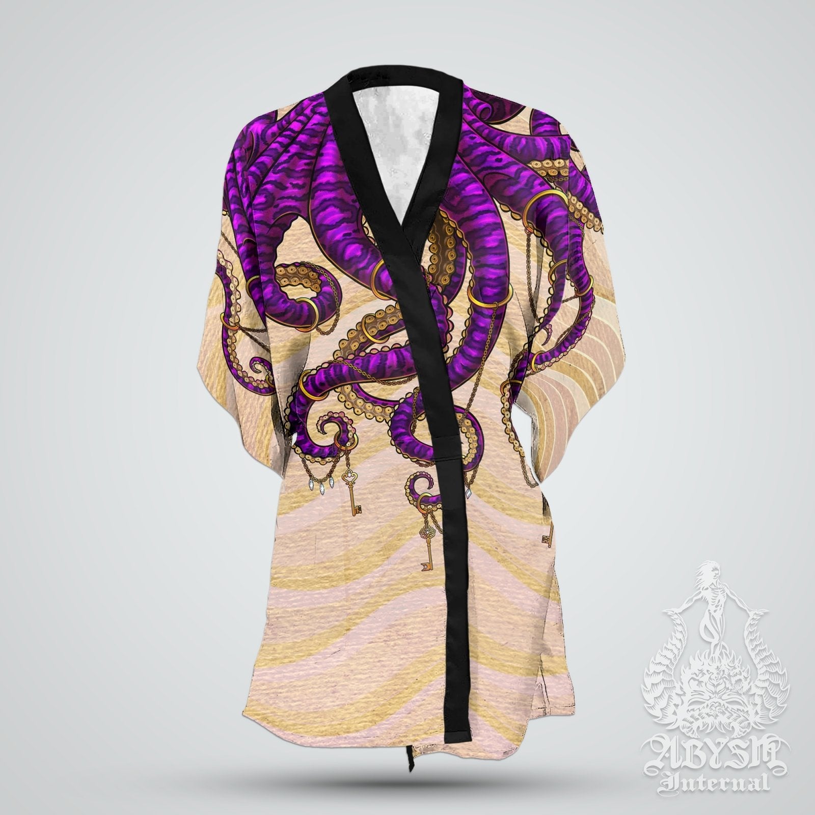 Beach Cover Up, Beach Outfit, Octopus Party Kimono, Summer Festival Robe, Indie and Alternative Clothing, Unisex - Sand Purple - Abysm Internal