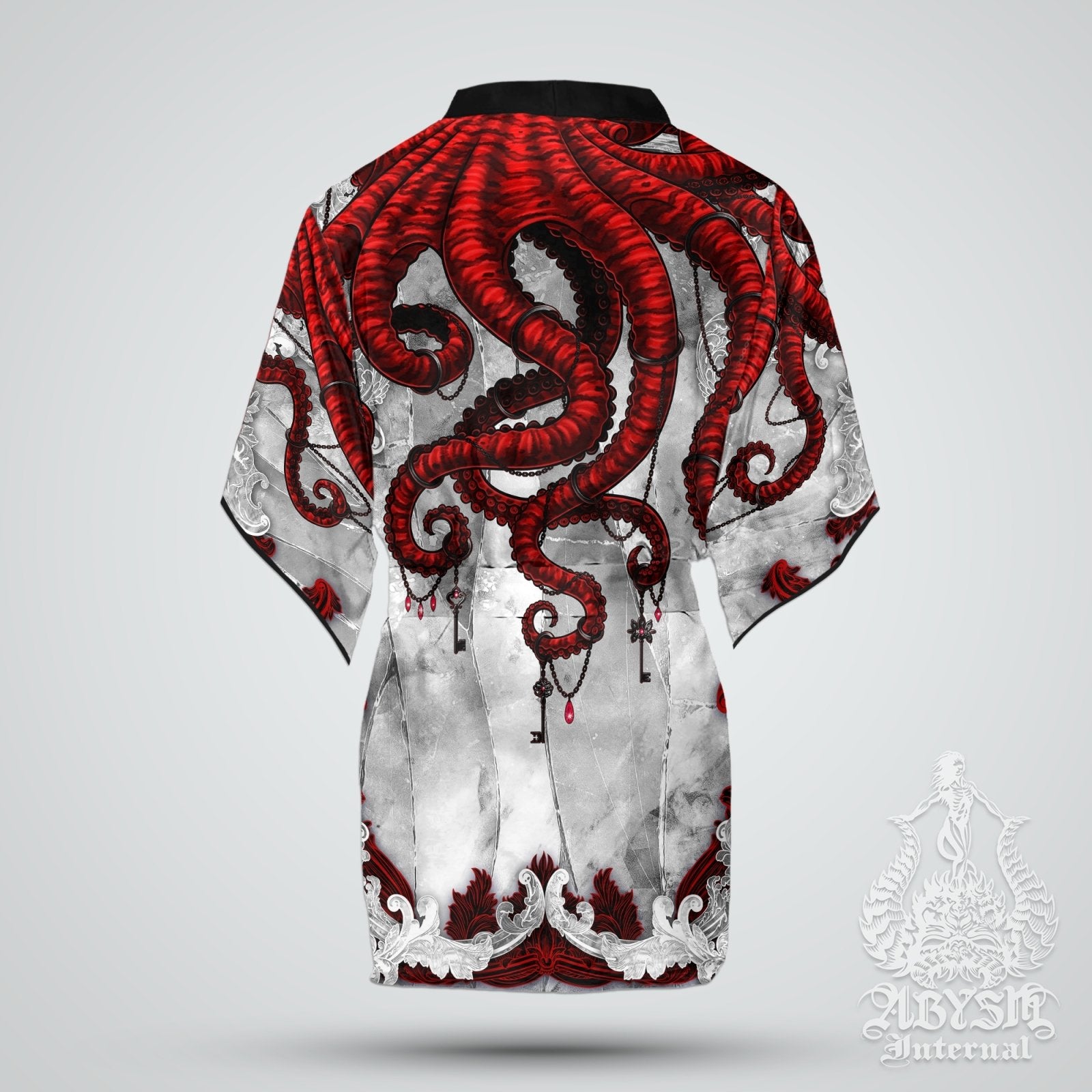 Beach Cover Up, Beach Outfit, Octopus Party Kimono, Summer Festival Robe, Indie and Alternative Clothing, Unisex - White Bloody Goth - Abysm Internal
