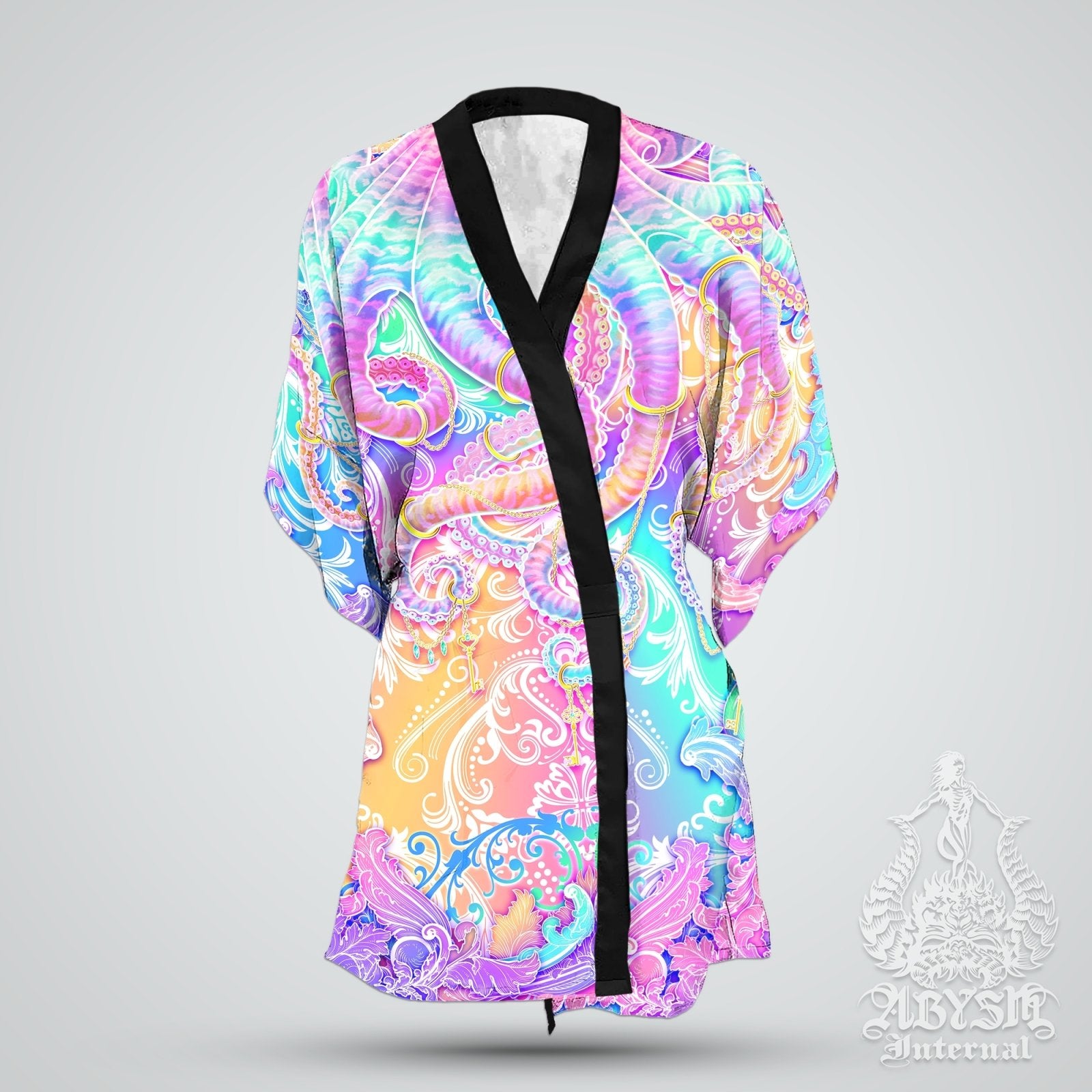 Beach Cover Up, Beach Rave Outfit, Octopus Party Kimono, Summer Festival Robe, Aesthetic Indie and Alternative Clothing, Unisex - Holographic Pastel - Abysm Internal