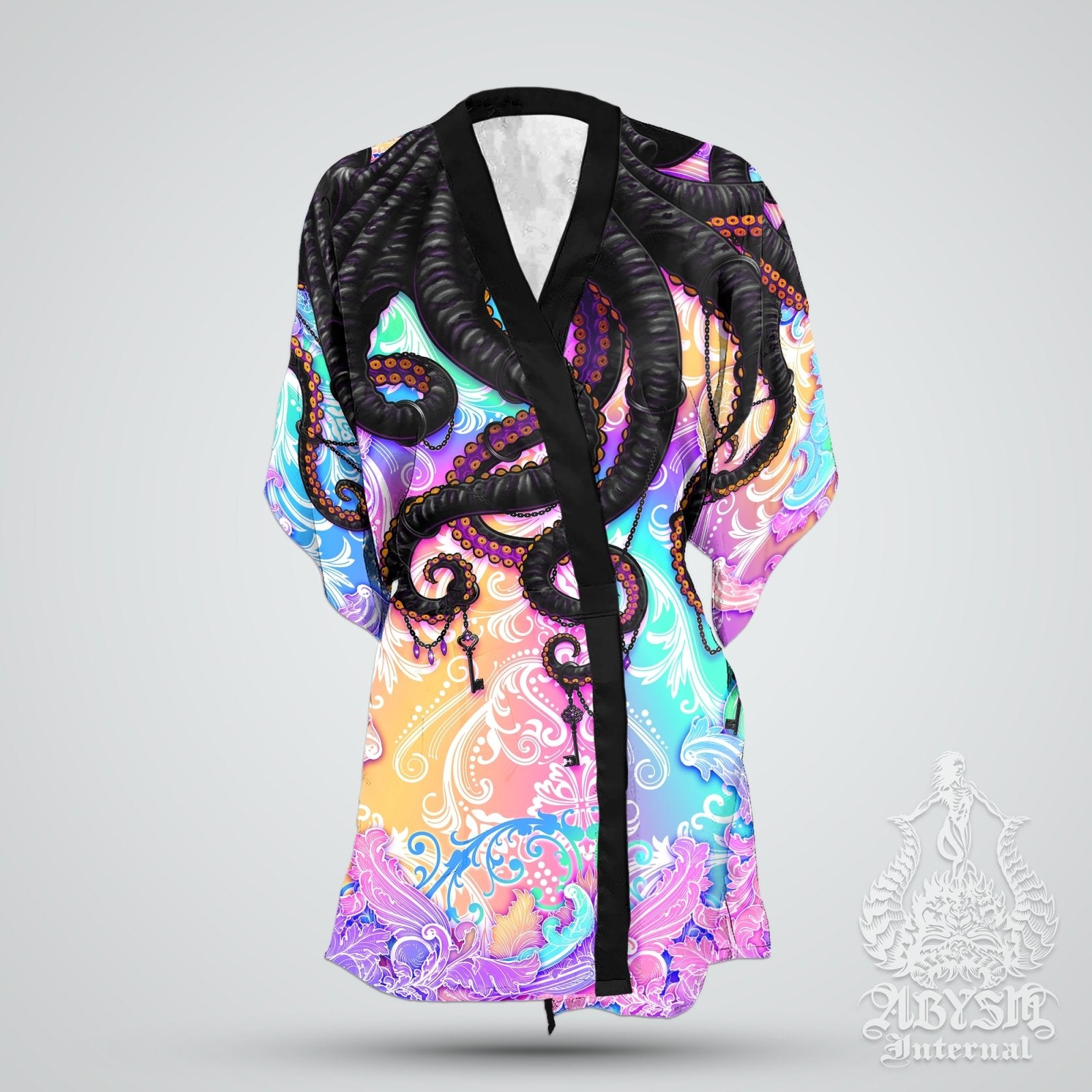 Beach Cover Up, Beach Rave Outfit, Octopus Party Kimono, Summer Festival Robe, Aesthetic Indie and Alternative Clothing, Unisex - Pastel Punk Black - Abysm Internal