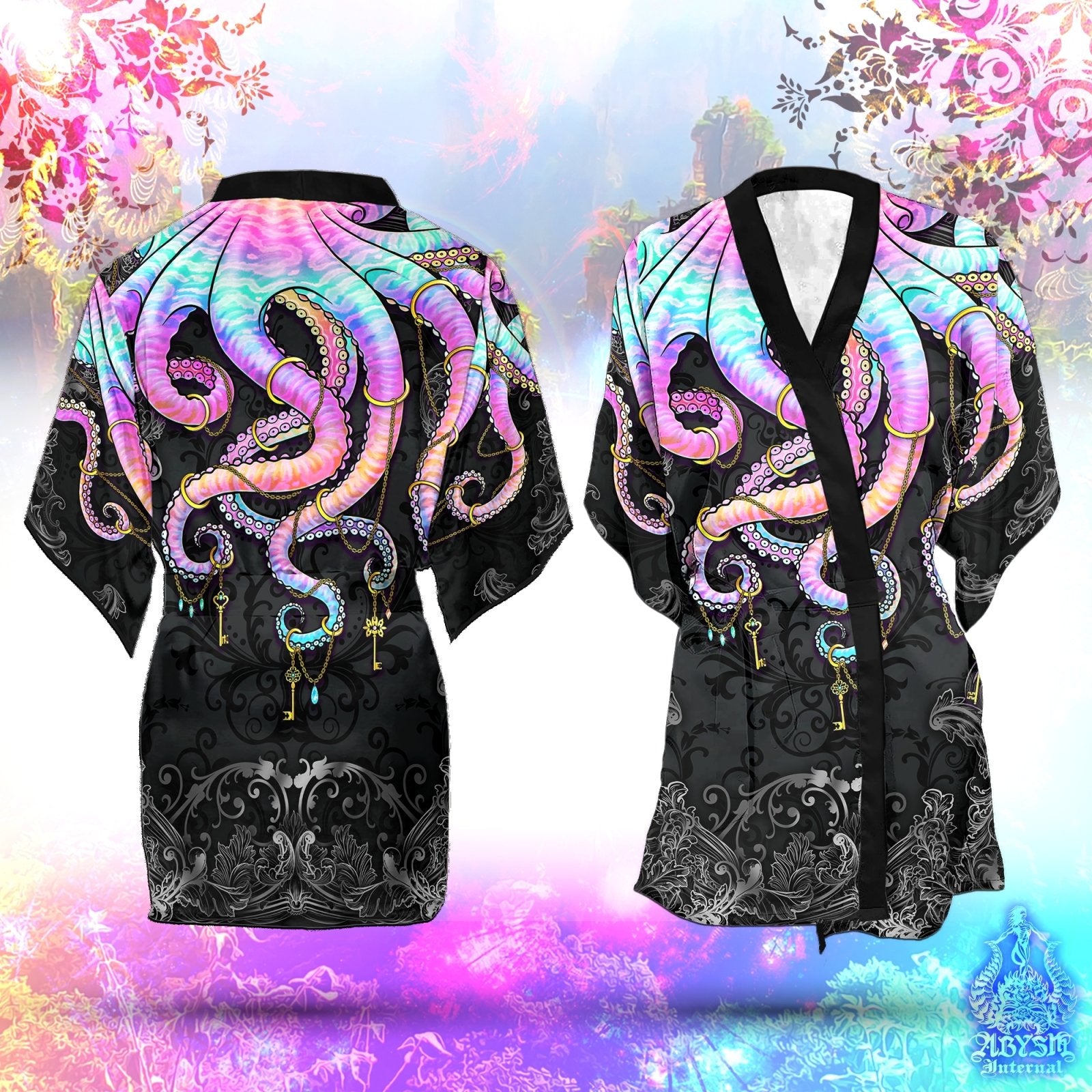 Beach Cover Up, Beach Rave Outfit, Octopus Party Kimono, Summer Festival Robe, Indie and Alternative Clothing, Unisex - Pastel Punk Dark - Abysm Internal