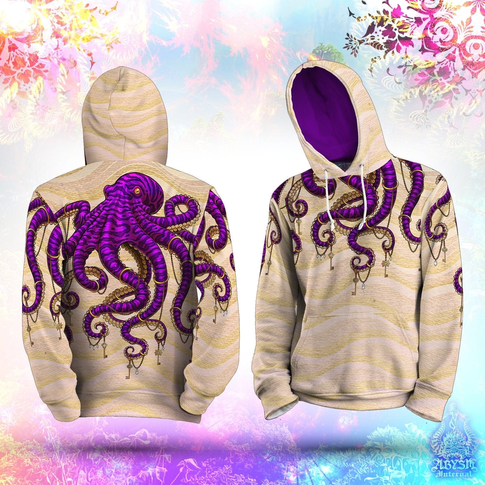 Beach Hoodie, Street Outfit, Indie Streetwear, Alternative Clothing, Unisex - Purple Octopus - Abysm Internal