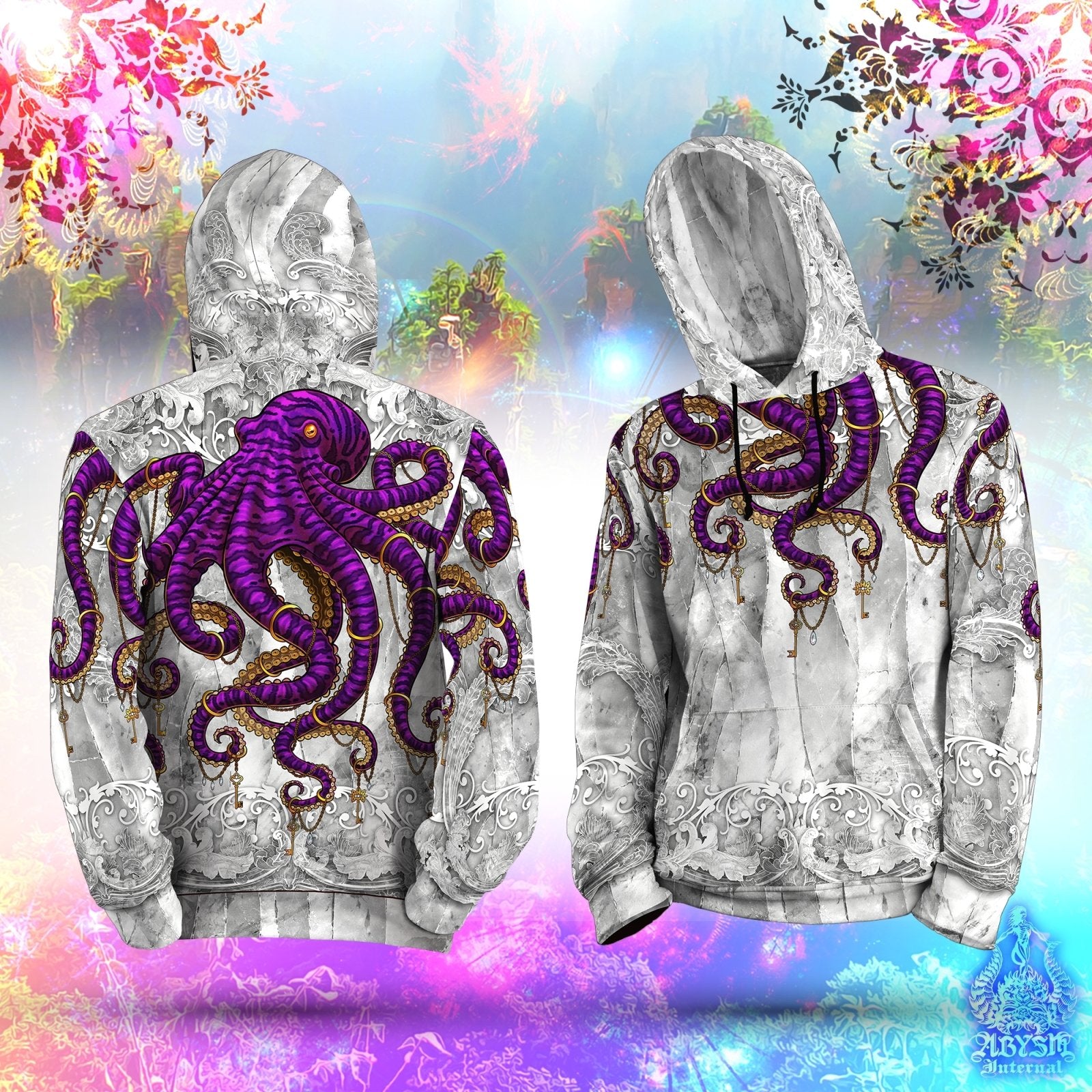 Beach Hoodie, Street Outfit, Indie Streetwear, Alternative Clothing, Unisex - Stone Purple Octopus - Abysm Internal