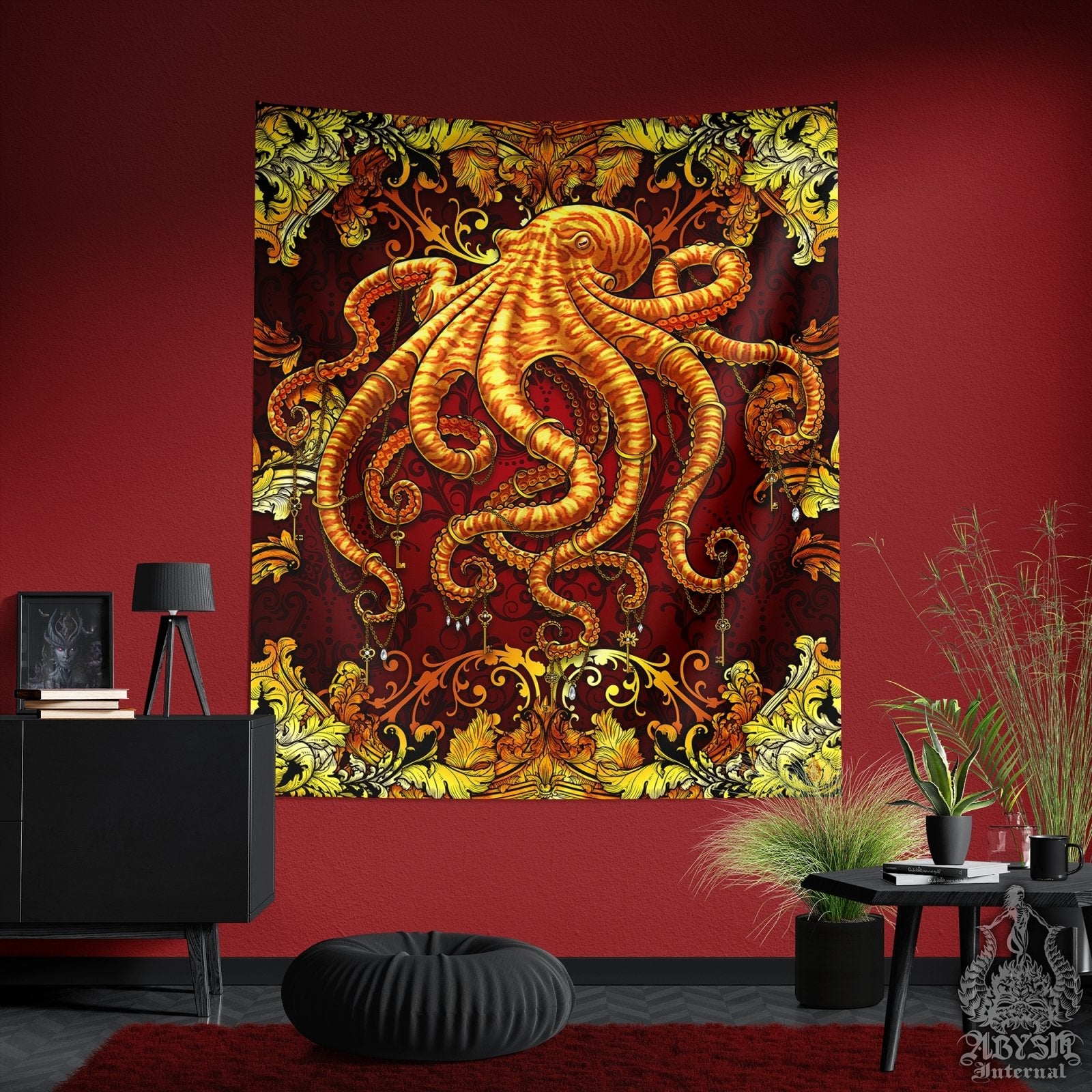 Beach House Tapestry, Octopus Wall Hanging, Ocean Home Decor, Art Print - Gold Red - Abysm Internal