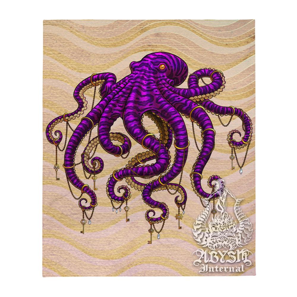 Beach Tapestry, Octopus Wall Hanging, Ocean and Coastal Home Decor, Art Print, Eclectic and Funky - Purple & Sand - Abysm Internal