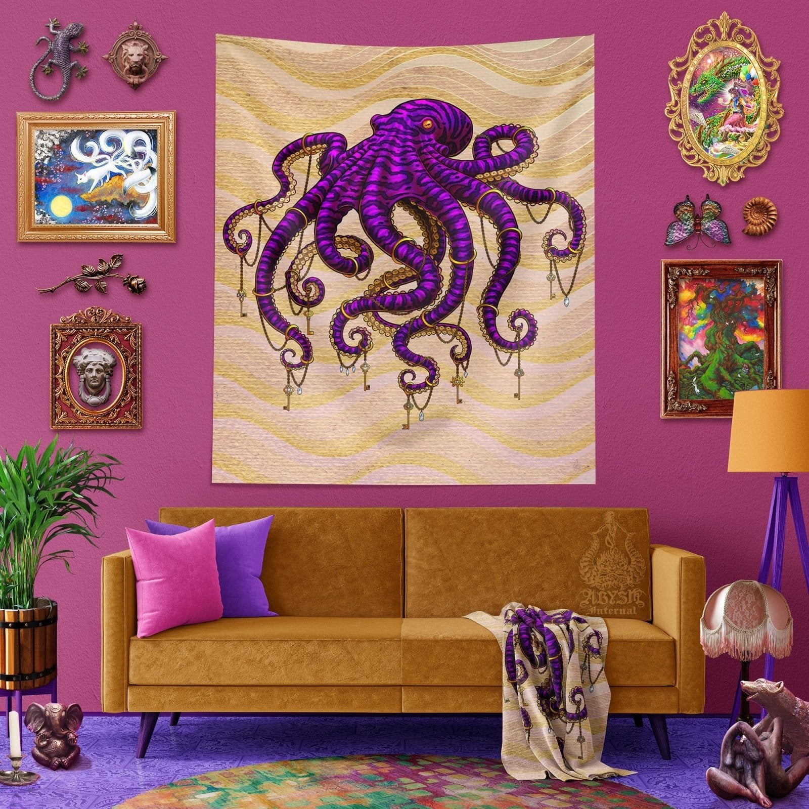 Beach Tapestry, Octopus Wall Hanging, Ocean and Coastal Home Decor, Art Print, Eclectic and Funky - Purple & Sand - Abysm Internal